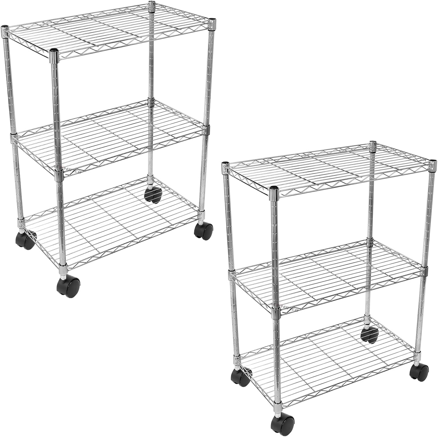 Heavy Duty 3 Tier Storage Shelves 750Lb Capacity, 24.02" D X 13.78" W X 29.92" H Adjustable Shelving Unit With Wheels, Chrome, 2 Pack Silver Steel