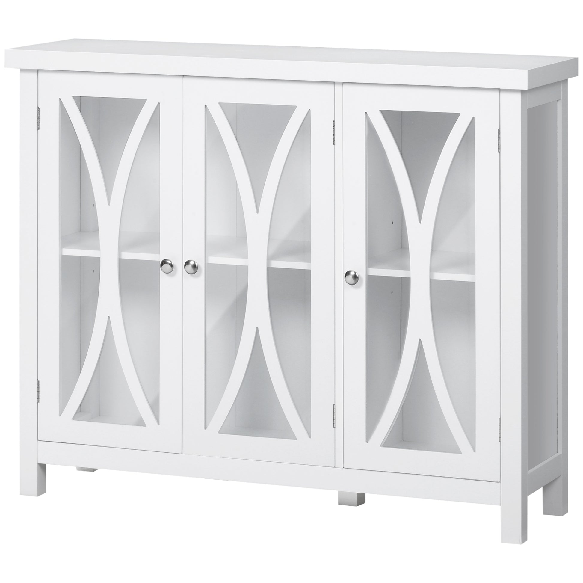 Homcom Sideboard, Buffet Cabinet With 3 Tempered Glass Doors, Arc Pattern And Adjustable Storage Shelf, Credenza, White White Mdf