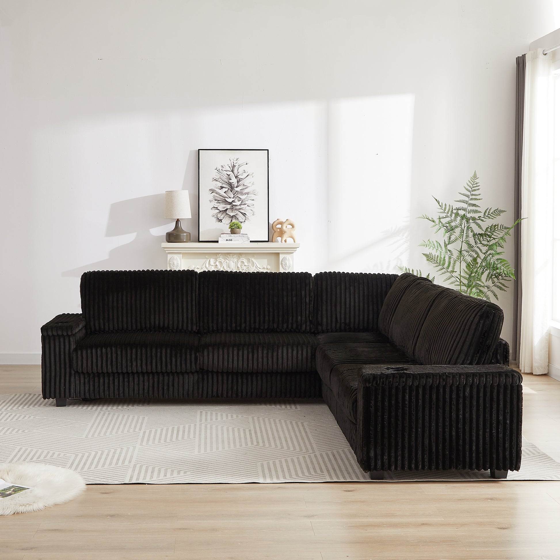 110 Inch Oversized Corduroy Corner Sofa,L Shaped Corner Couch With Two Storage Spaces,Usb Port & T Pyce Port And Cup Holderdeep Seat Comfy Upholstered Couches For Living Room Not Freely Combinable Black Corduroy 5 Seat