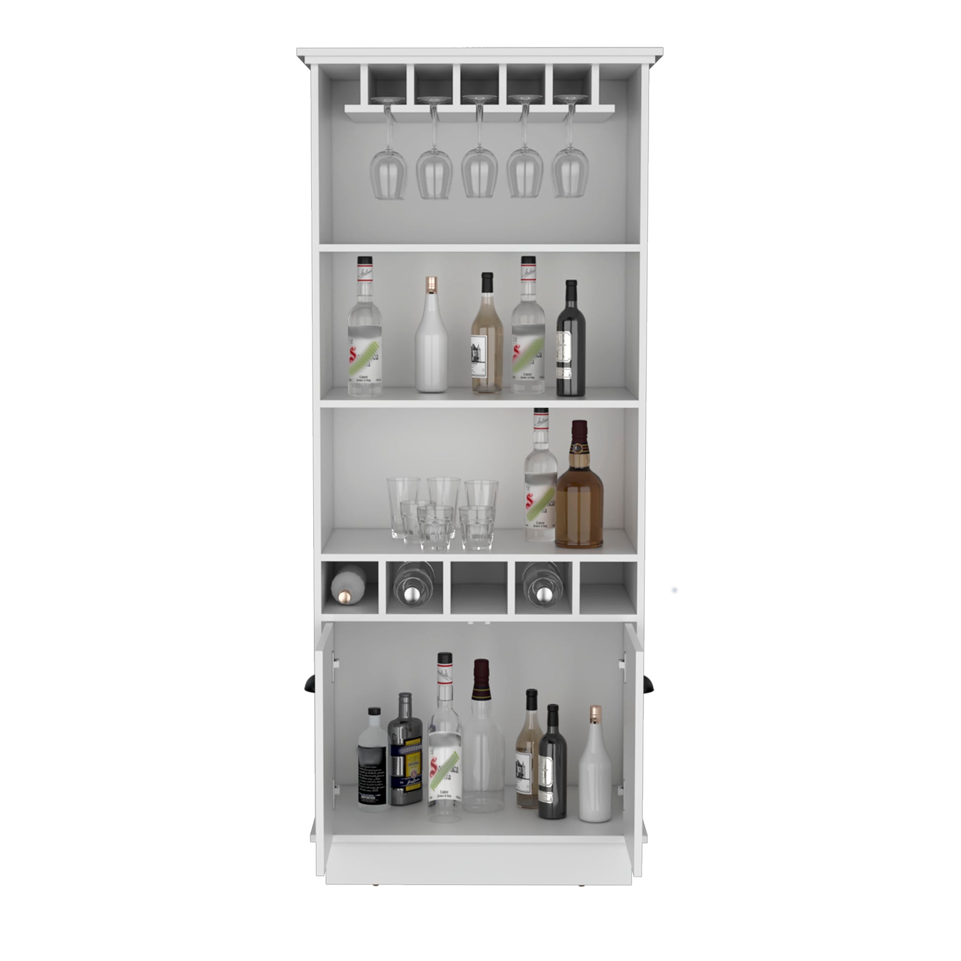 Dundee 70 Inch High 10 Glass Bar Cabinet With 5 Cubbies And 3 Open Shelves And Cabinet White White Modern Particle Board