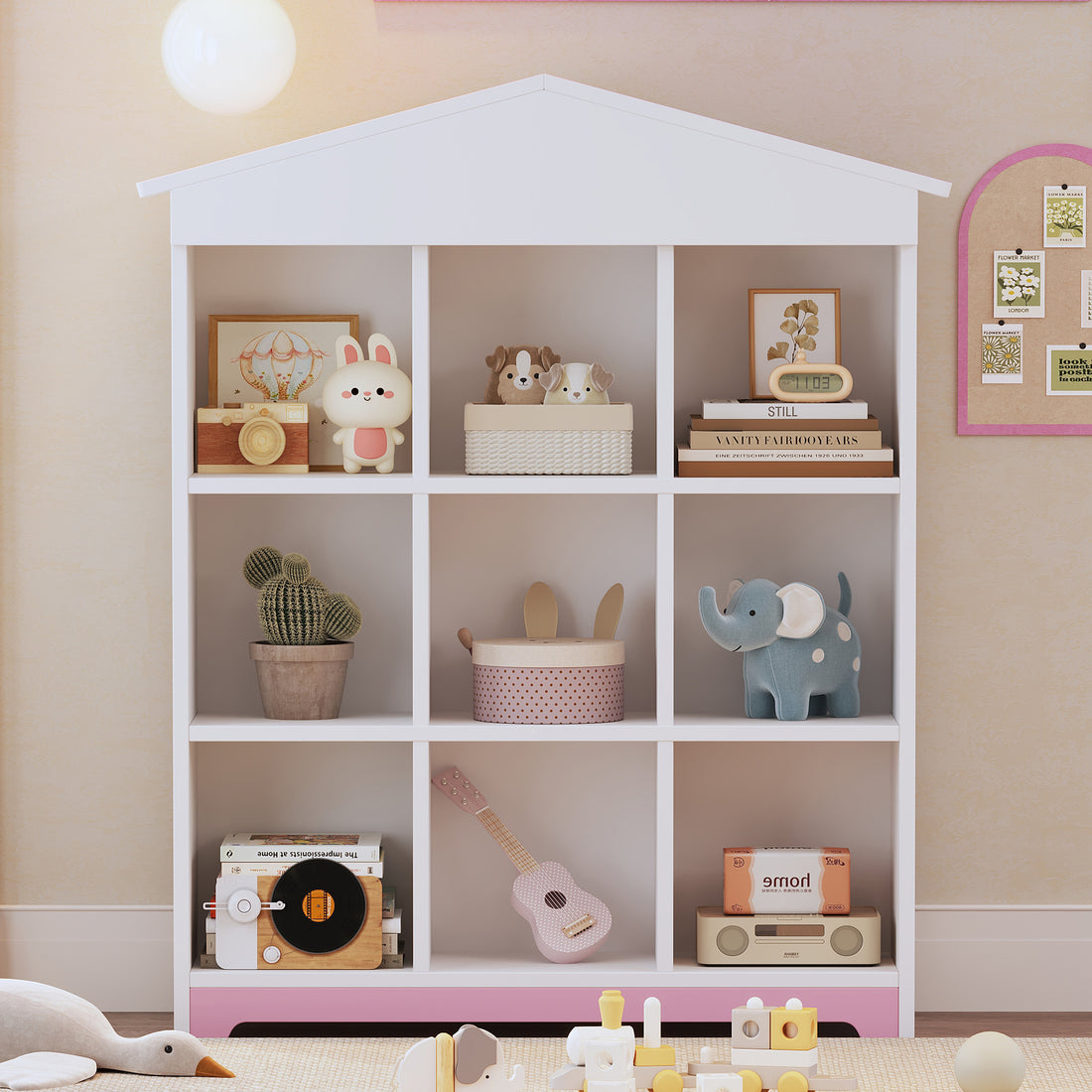 House Shaped Storage Rack With Nine Storage Compartments, Three Layer Storage Shelf With Colorblock Design, White Pink Pink White Particle Board