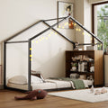 Twin Size Metal Bed House Bed Frame With Shelves And Lights, Black Twin Black Metal & Wood