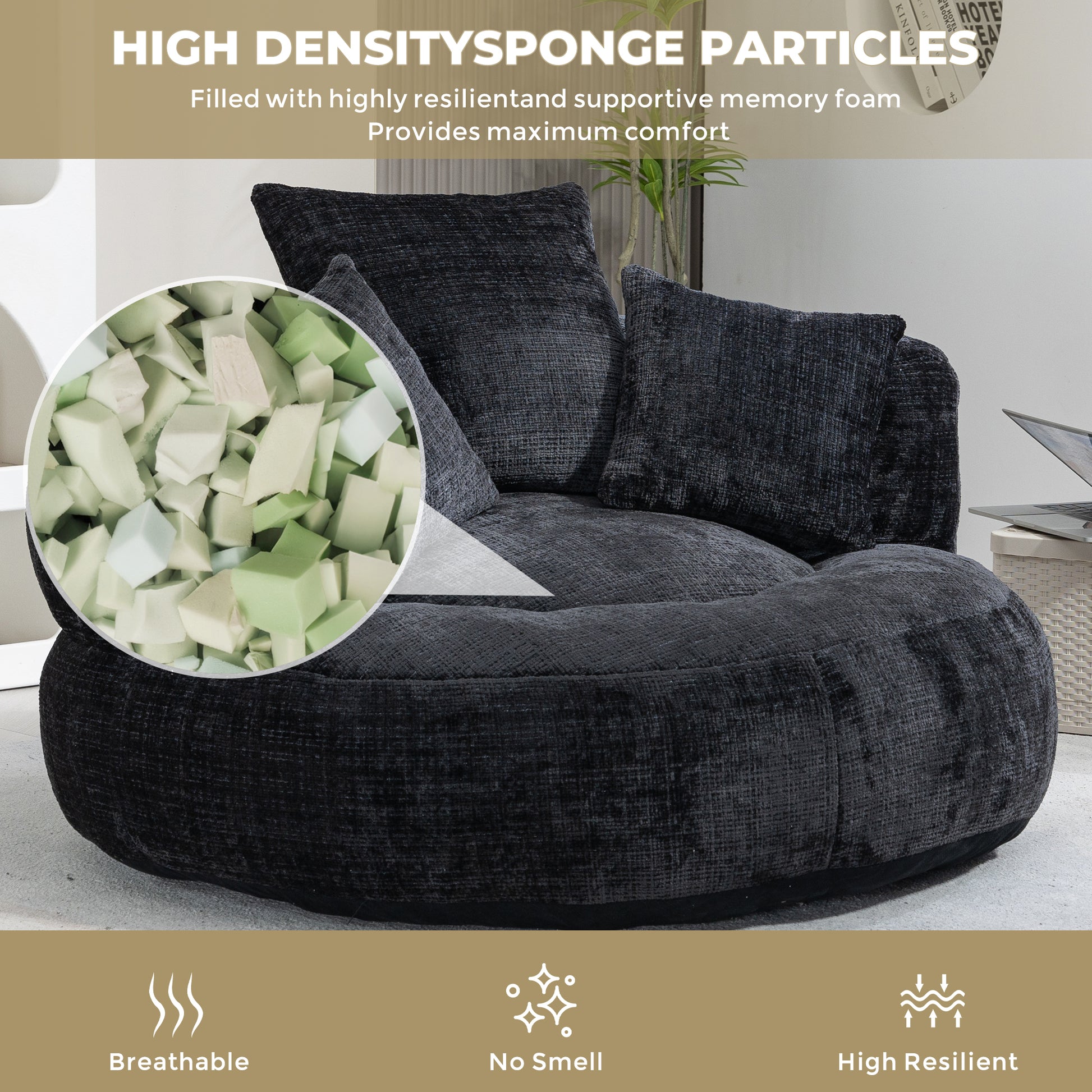 Coolmore Lazy Sofa Durable Comfort Lounger High Back Bean Bag Chair Couch With Three Pillows For Adults And Kids, Indoor & Outdoor, Single Gaming Sofa Chair For Bedroom,Office Black Chenille Black Foam Chenille 1 Seat