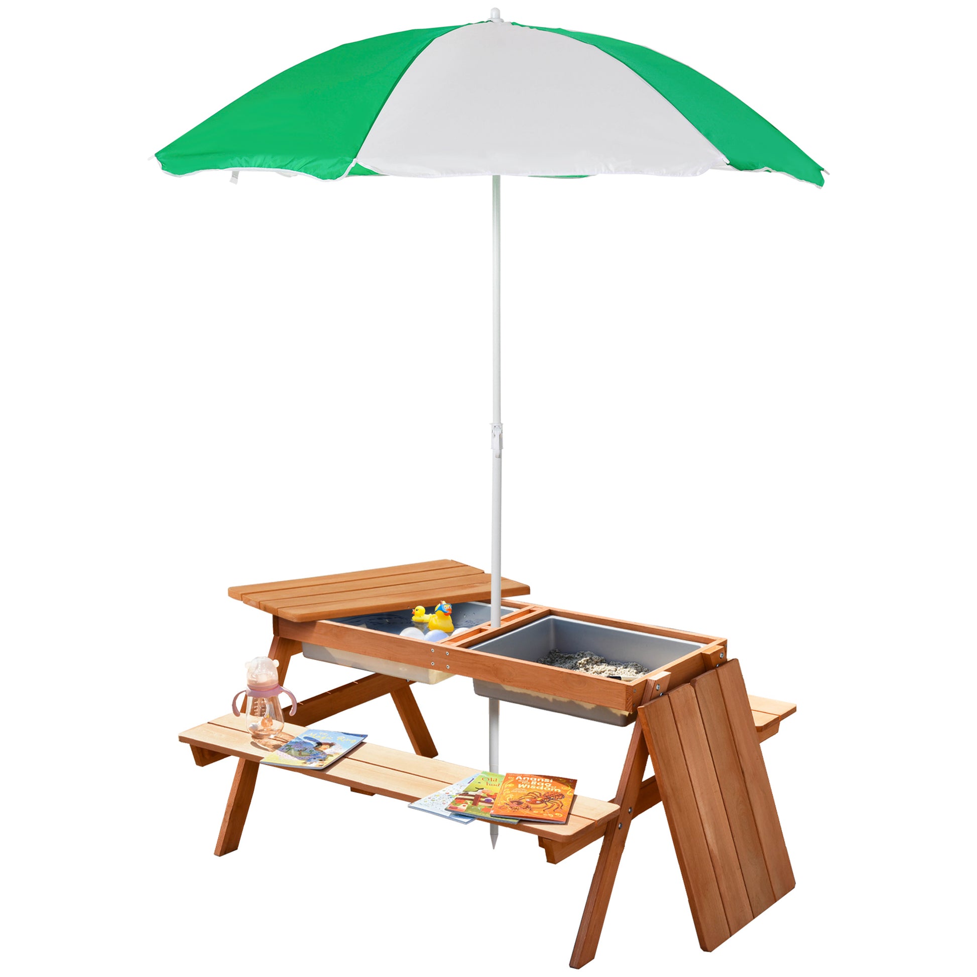 Outsunny Kids Picnic Table With Umbrella And Storage Inside, Sand And Water Table, Kids Outdoor Furniture, Wooden Bench Backyard Furniture For Garden, Patio, Or Balcony Natural Wood