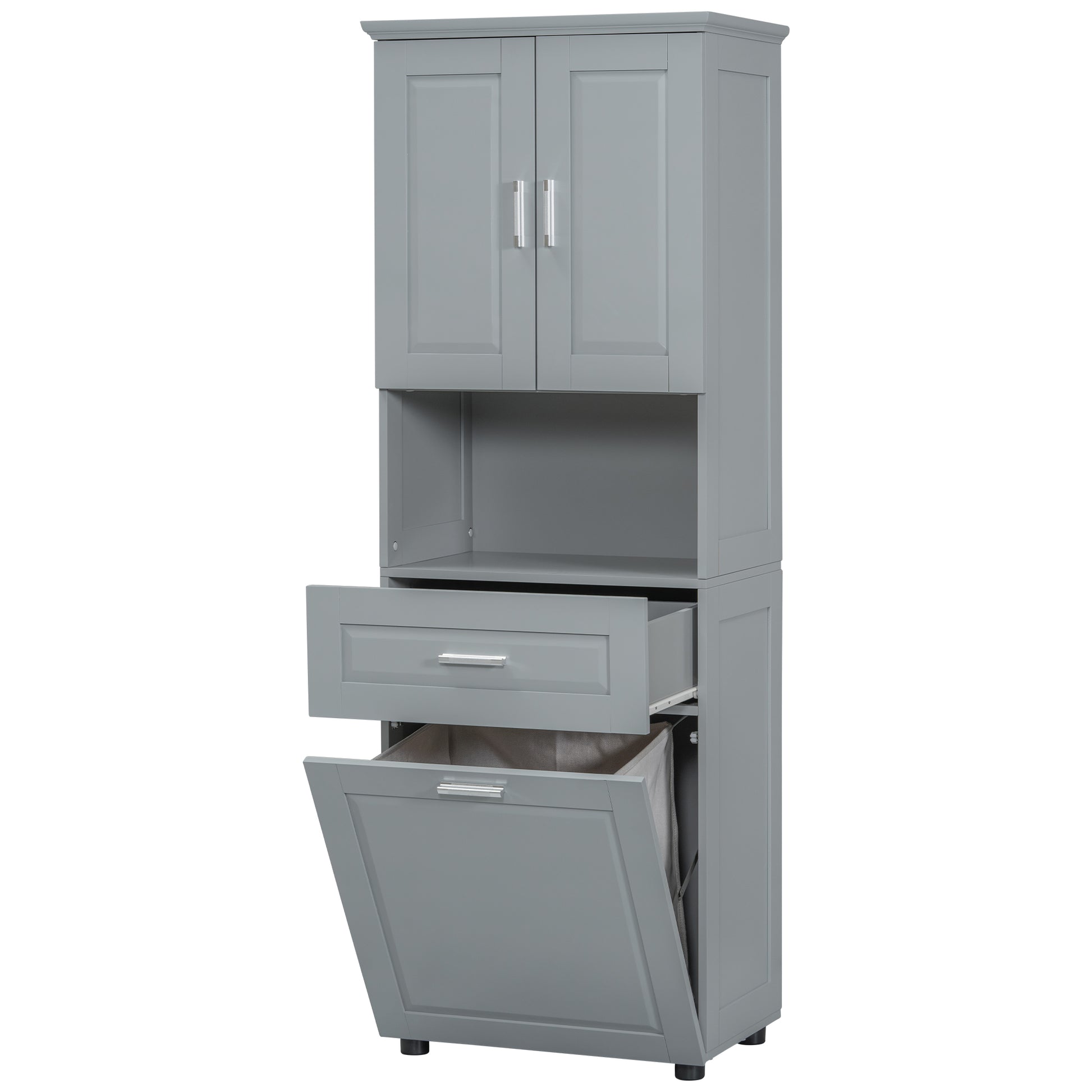 Tall Bathroom Cabinet With Laundry Basket, Large Storage Space Tilt Out Laundry Hamper And Upper Storage Cabinet, Grey Grey Mdf