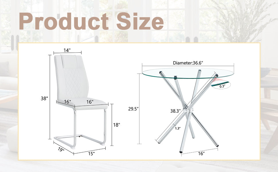 Table And Chair Set.36.6"Round Clear Glass Dining Table With A Unique Shape With Ring Shaped Gathered Silver Metal Legs.Paired With 4 White High Quality Pu Dining Chairs With Silver Metal Legs.