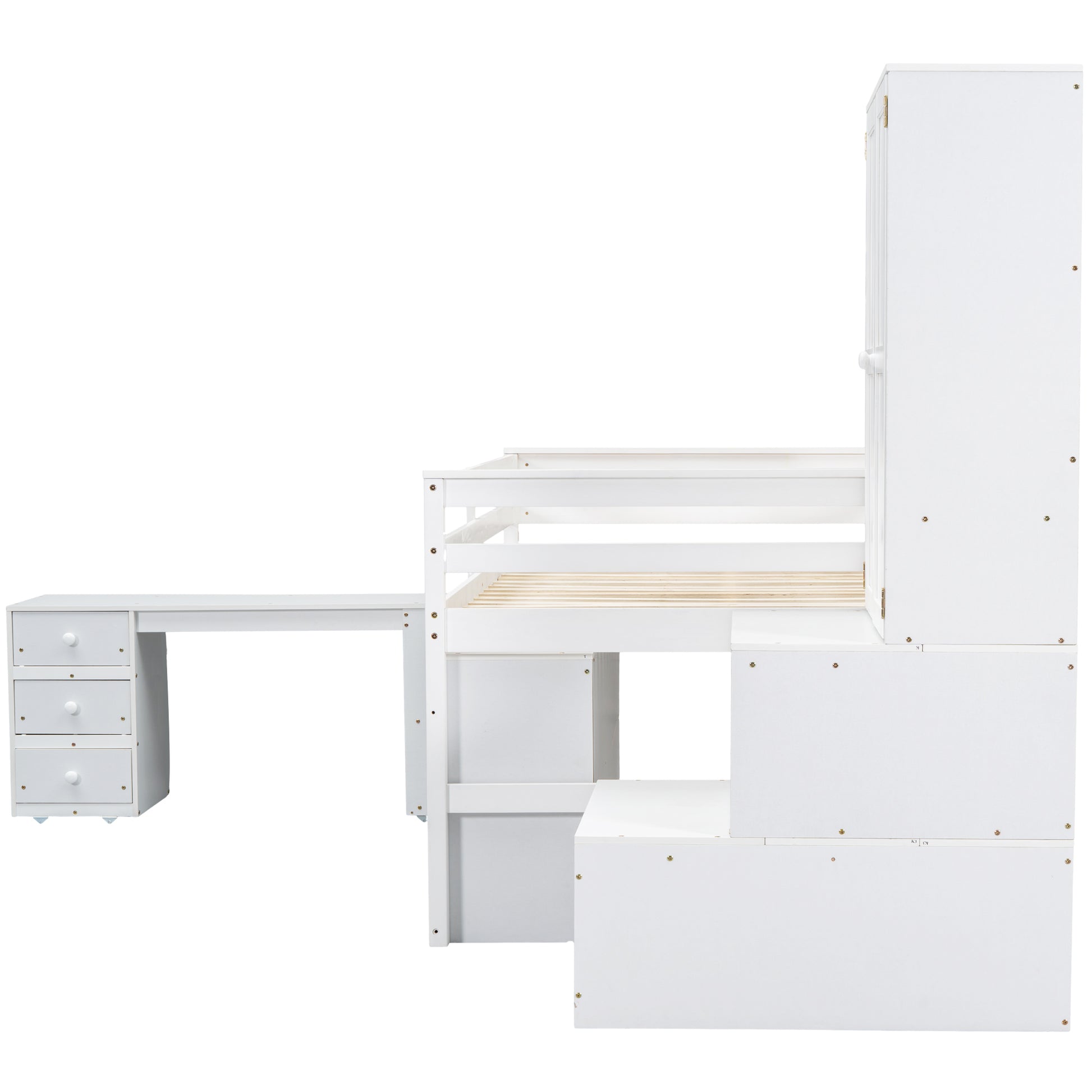 Full Size Wooden Loft Bed Big Storage With Under Bed Desk, With Drawers, With Shelves, White Full White Plywood