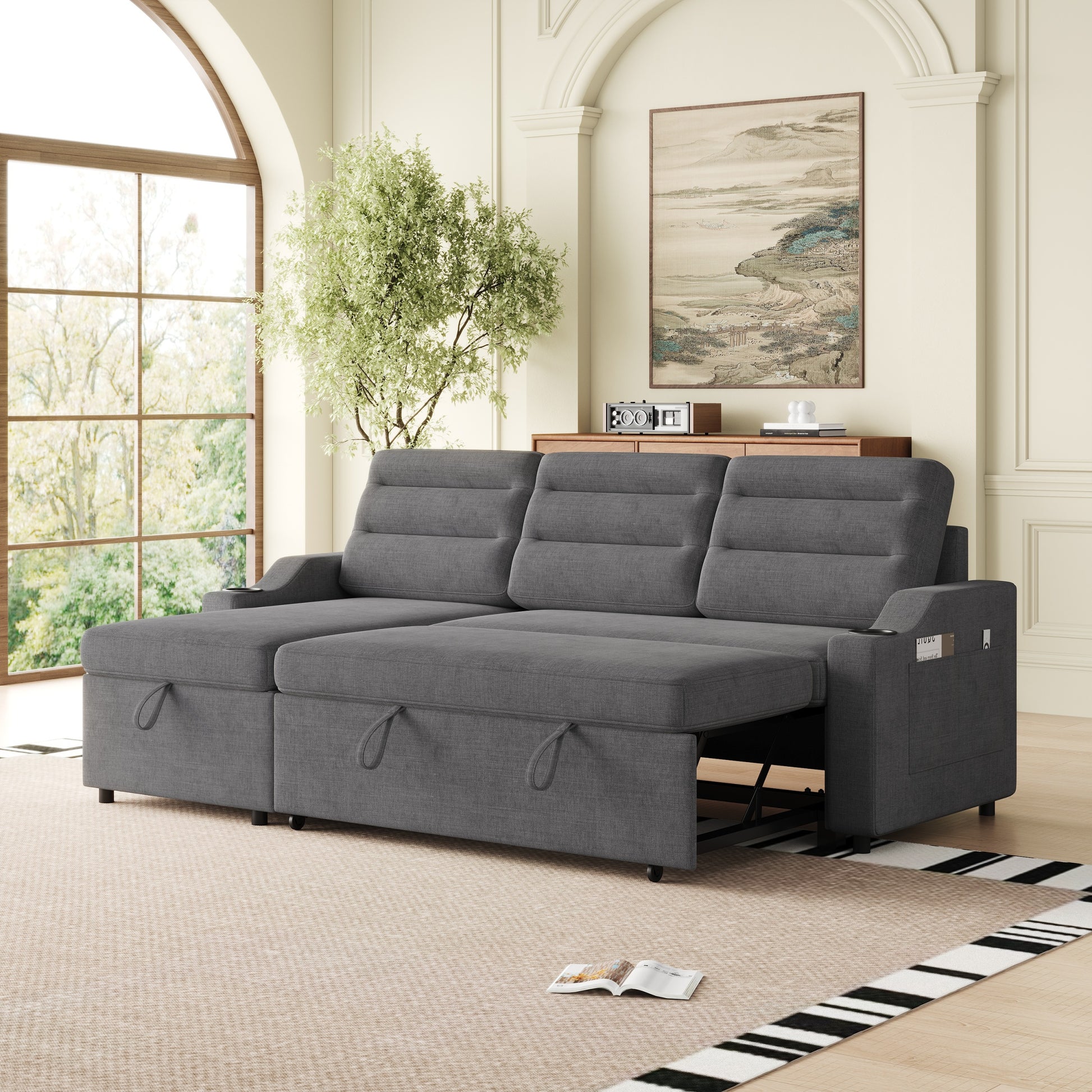 Mh83.5" Convertible Sleeper Combo Sofa, Convertible Sofa Bed Polyester Pullout Bed With Storage Recliner And Cup Holder For Living Room, Tight Spaces Dark Grey Polyester Wood Primary Living Space Pine Foam Fabric 3 Seat