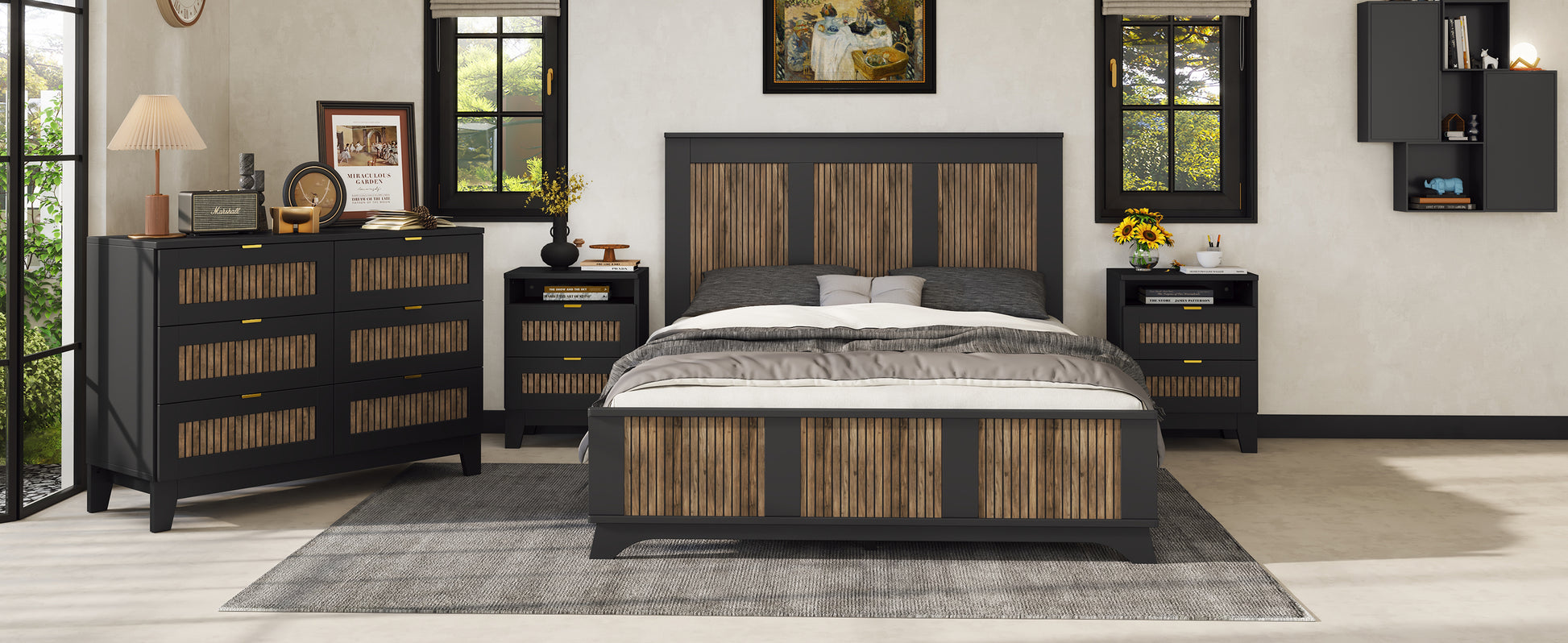 Farmhouse Wooden Platform Queen Size Bed, Modern Platform Bed With Wooden Strip Decoration, Plywood Slats Support, Black Queen Black Particle Board