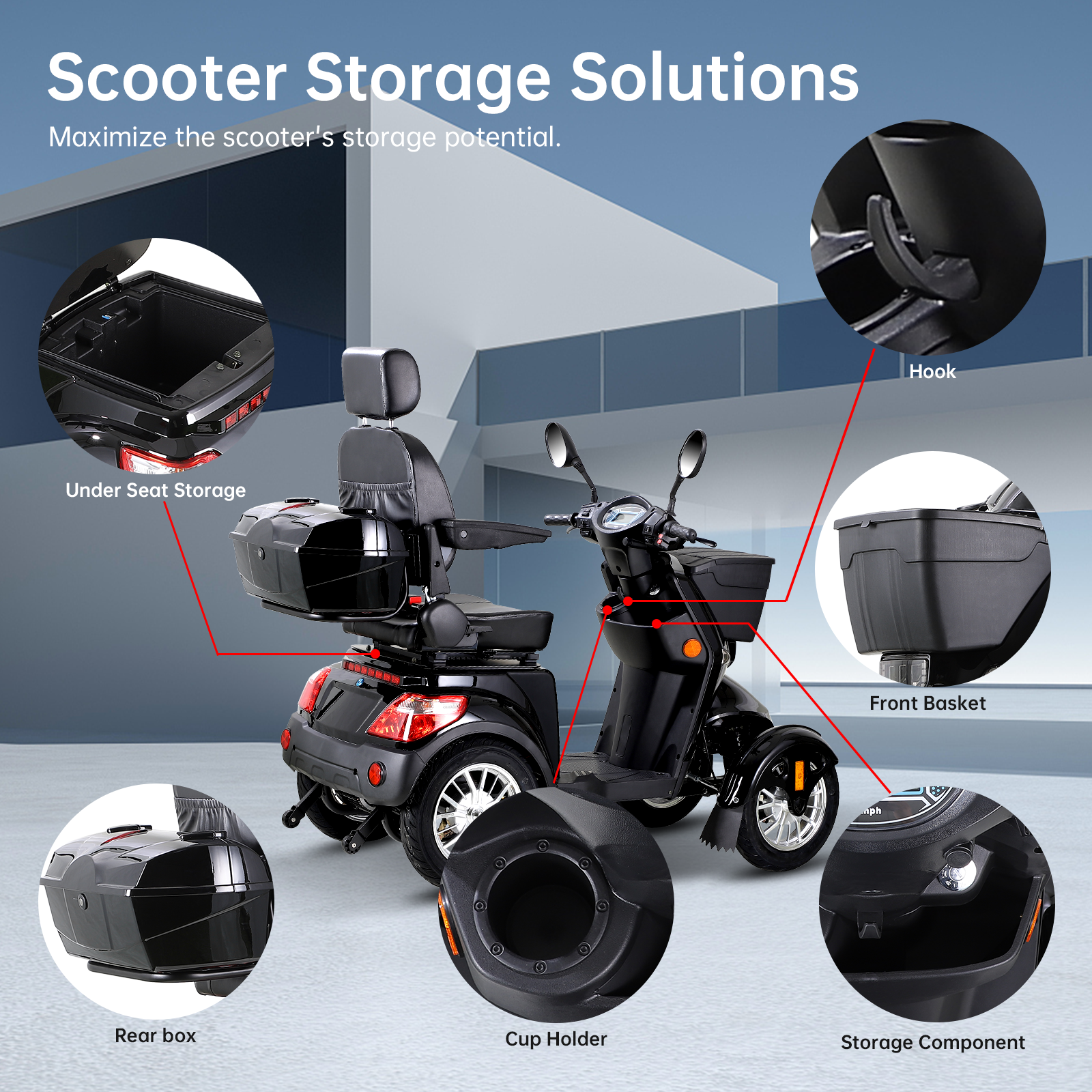 Xl3D4L Electric Mobility Recreational Travel Scooter For Adults,Mobility Scooters For Seniors, 4 Wheel Powered Mobility Scooters Black Abs Pc Abs Pc