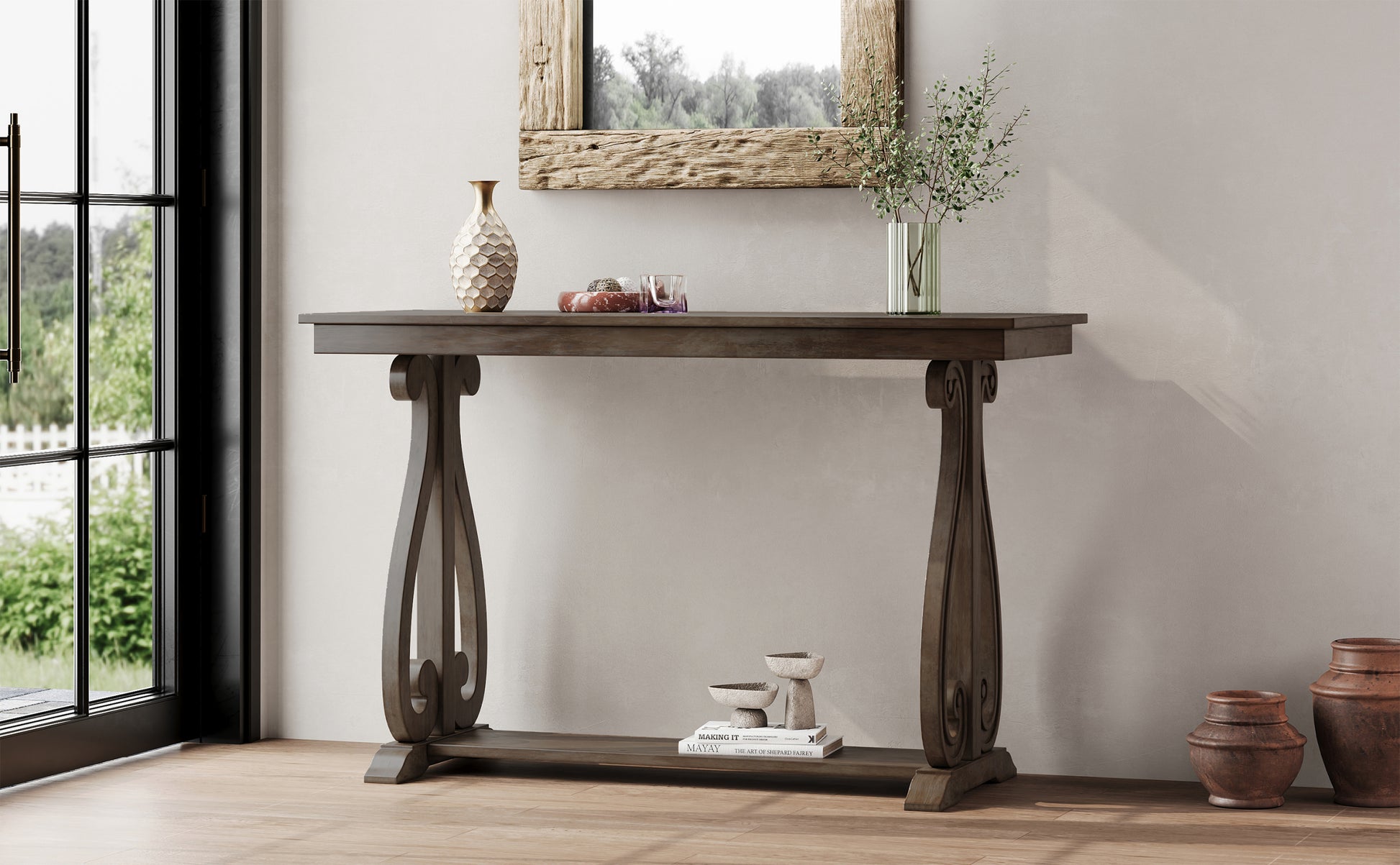 48 Inch Rustic Vintage Console Tablefarmhouse Style Entryway Table With Open Shelf And Sturdy Construction For Entryway And Living Room Walnut Walnut Distressed Finish Primary Living Space Antique,Rustic,Vintage Open Storage Console Tables Brushed