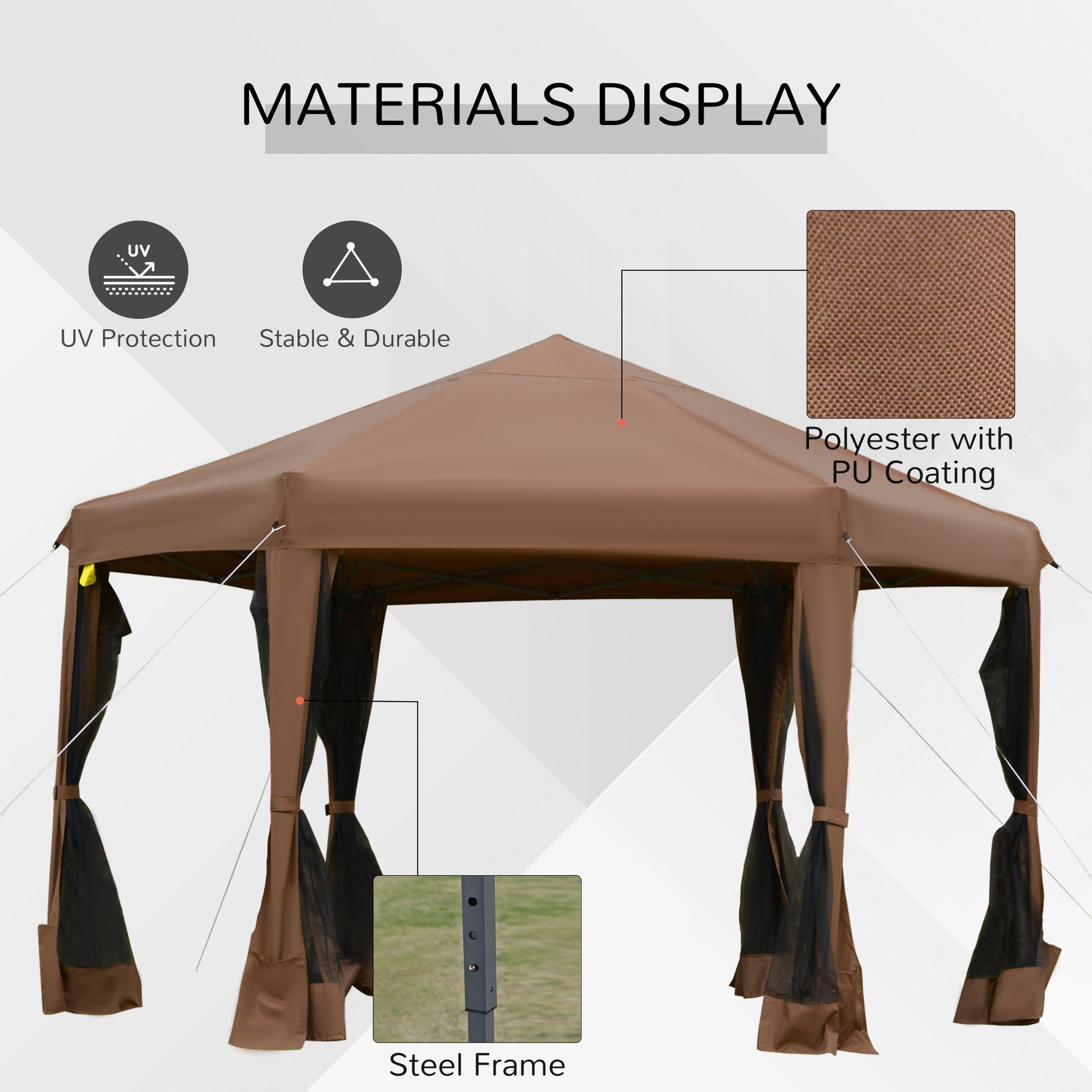 Outsunny 13' X 11' Hexagonal Pop Up Gazebo, Heavy Duty Outdoor Canopy Tent With 6 Mesh Sidewall Netting, 3 Level Adjustable Height And Strong Steel Frame, Brown Dark Brown Steel