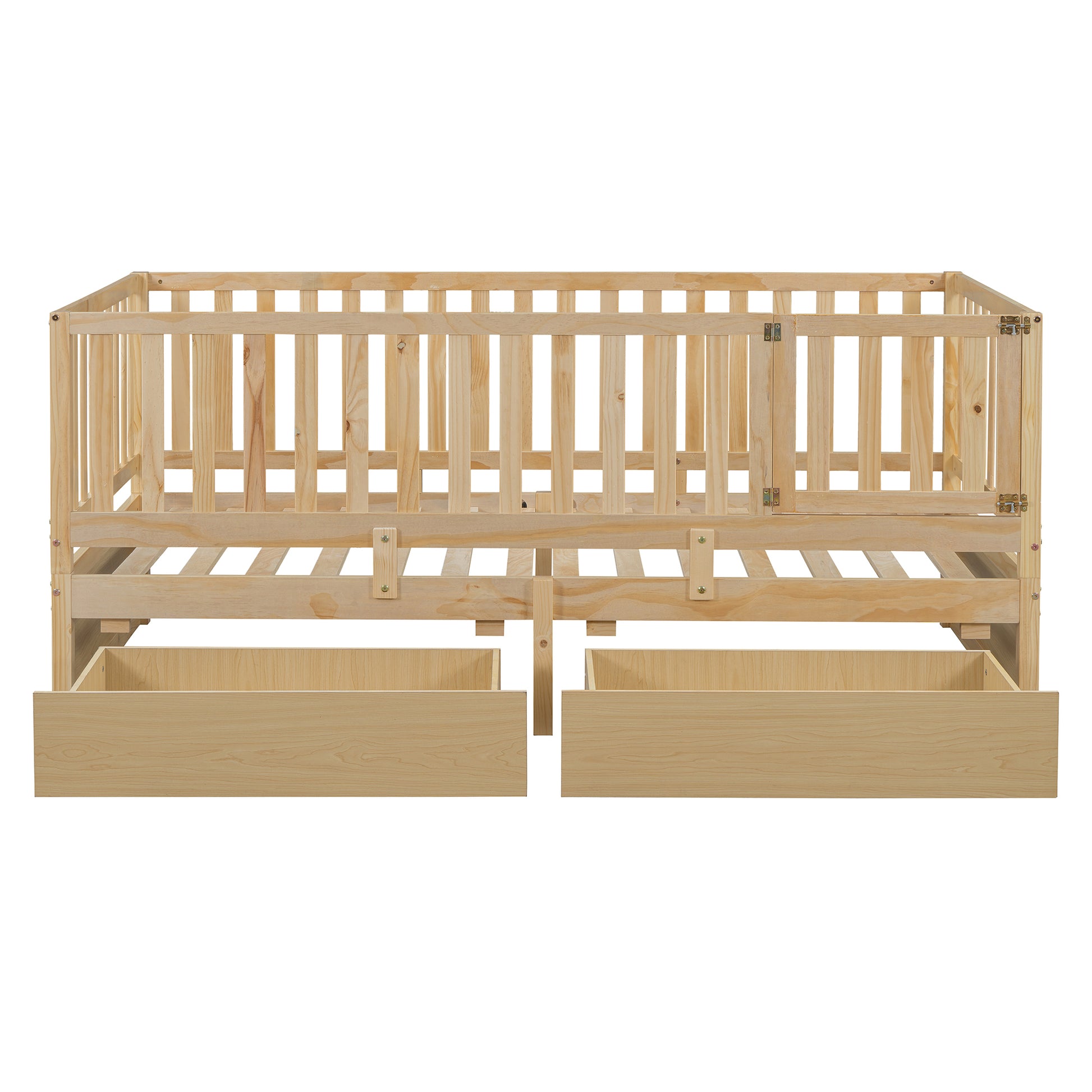 Twin Size Wood Daybed With Fence Guardrails And 2 Drawers, Split Into Independent Floor Bed & Daybed, Natural Old Sku :Lp000881Aan Twin Natural Solid Wood Mdf