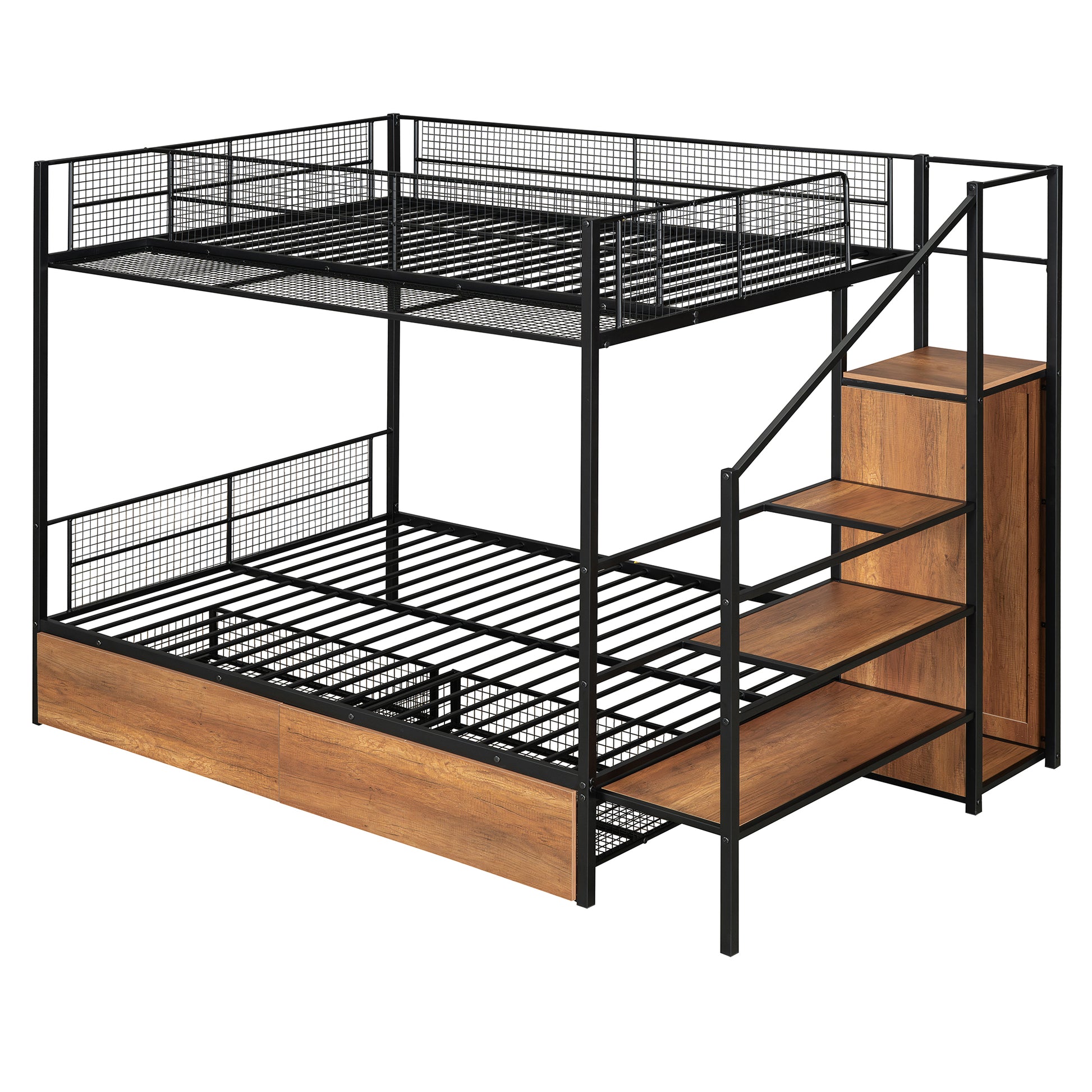 Twin Over Full Metal Bunk Bed With Drawer And Lateral Storage Ladder And Wardrobe, Black Black Metal