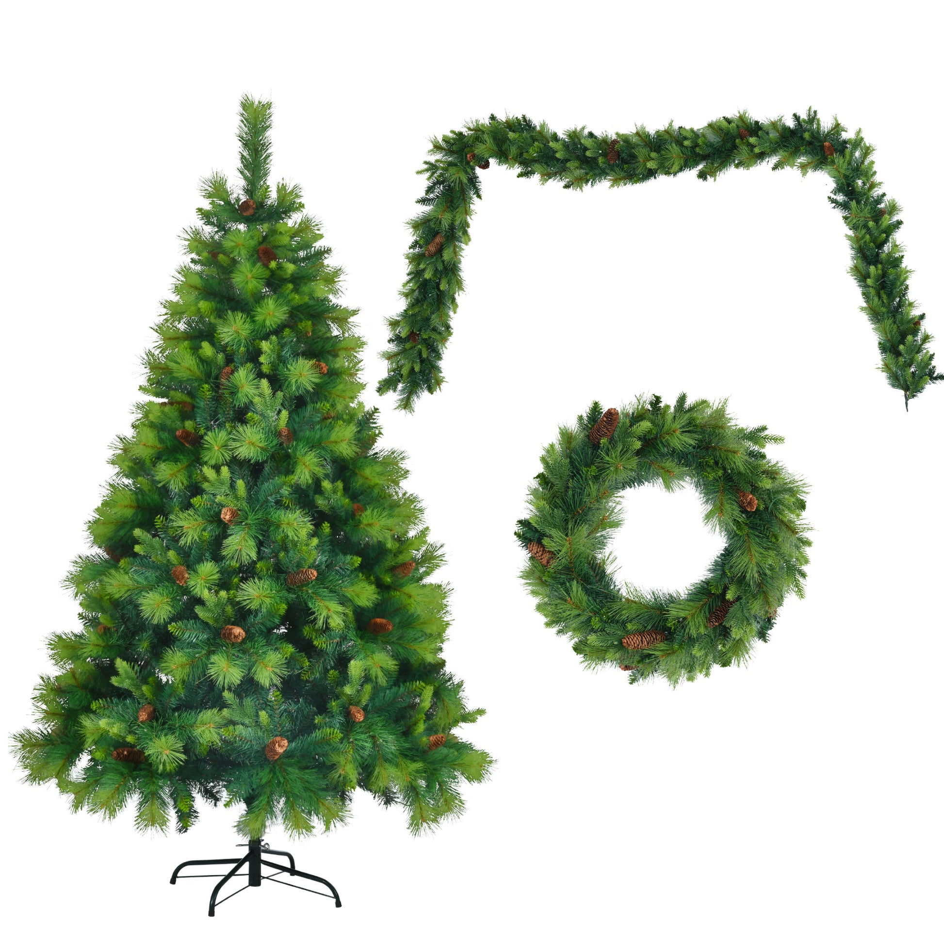 6Ft Grass Green Christmas Tree, Large Branches Pine Tree, Pre Lit Set With Tree & Garland & Wreath, Artificial Christmas With Pine Cones, Hinged Xmas Treefor Holiday Party Ofiice Home Green Polyethylene,Pvc