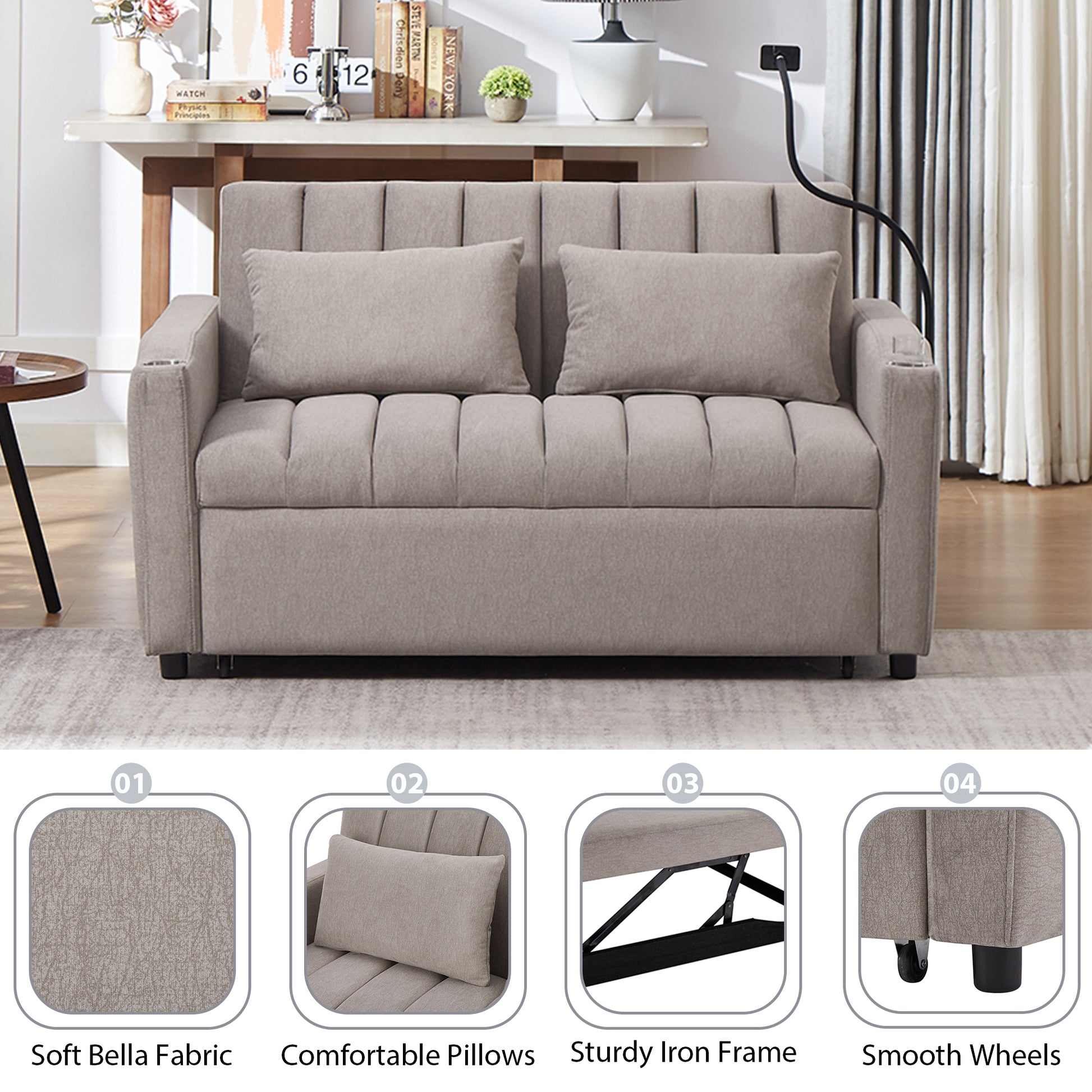 55.9" Convertible Sofa Bed Loveseat Sofa With Three Usb Ports, Two Side Pockets, Two Cup Holders And 360 Swivel Phone Holder For Living Room, Light Grey Light Grey Foam Polyester 2 Seat