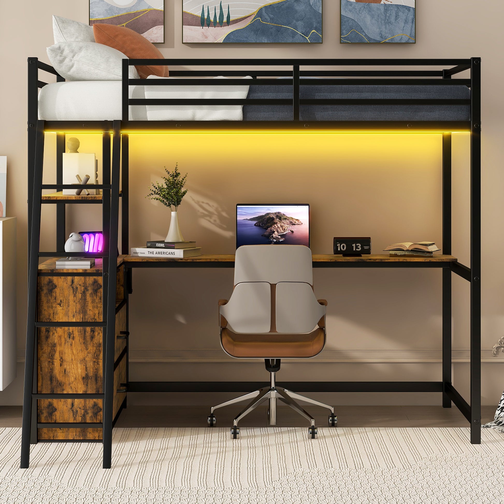 Twin Size Metal&Wood Loft Bed With Desk And Shelves, Two Built In Drawers, Led Light And Usb Charging Station, Black Twin Black Metal & Wood