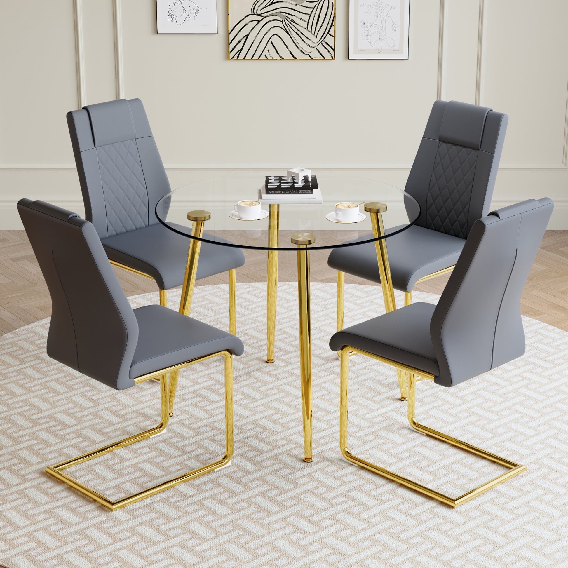 A Modern Minimalist Style Round Transparent Tempered Glass Table With Gold Metal Legs, Paired With 4 Modern Pu Leather High Back Dining Chairs,Bringing You A Luxurious Experience. Gray Seats 4 Glass Metal