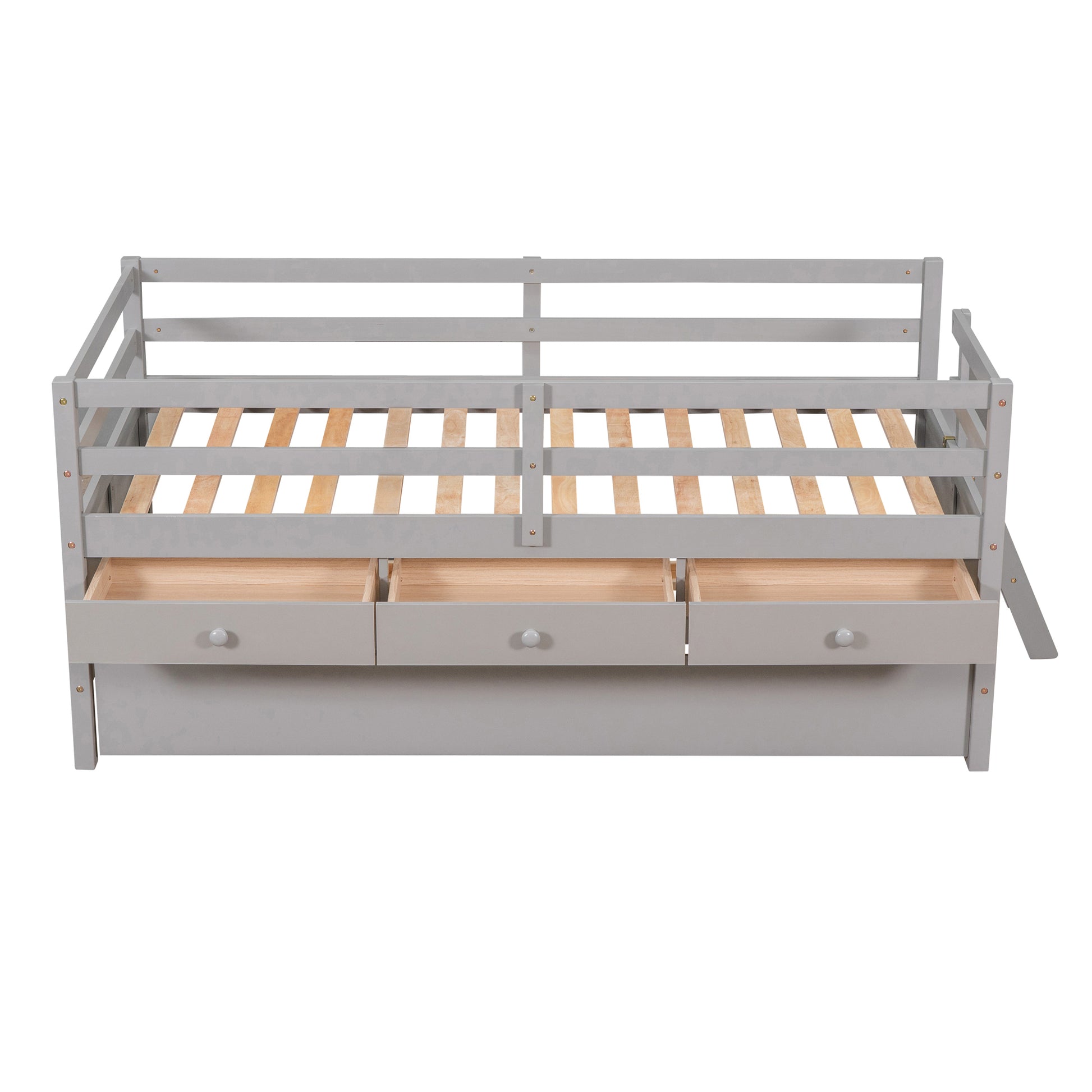 Low Loft Bed Twin Size With Full Safety Fence, Climbing Ladder, Storage Drawers And Trundle Gray Solid Wood Bed Gray Solid Wood