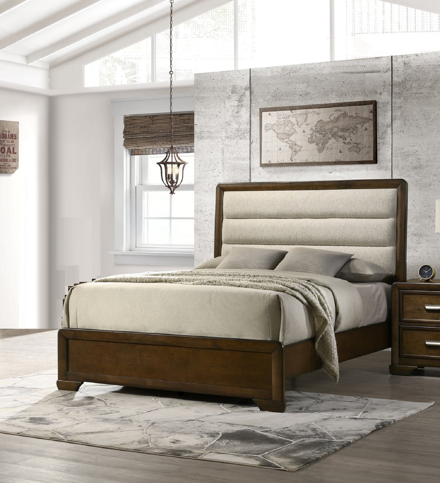 Beautiful Contemporary 1Pc Queen Size Brown Finish Solid Wood Beige Upholstered Queen Size Panel Bed 1Pc Wooden Bedroom Box Spring Required Queen Brown Wood Contemporary,Transitional Panel Wood Fabric