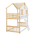 Twin Over Twin House Bunk Bed With Roofwindow, Window Box, Doorwith Safety Guardrails And Ladder, Natural White Twin Natural White Pine