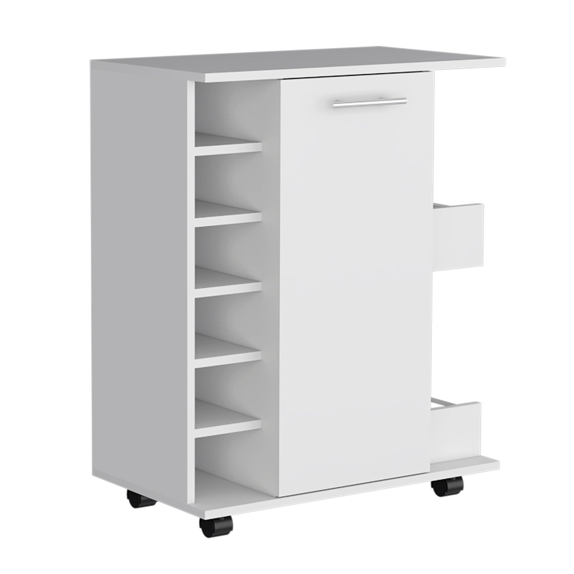 Lothian Bar Cart With Casters, 2 Side Storage Shelves And 6 Wine Bottle Rack White Primary Living Space Modern Particle Board Shelves Included Engineered Wood