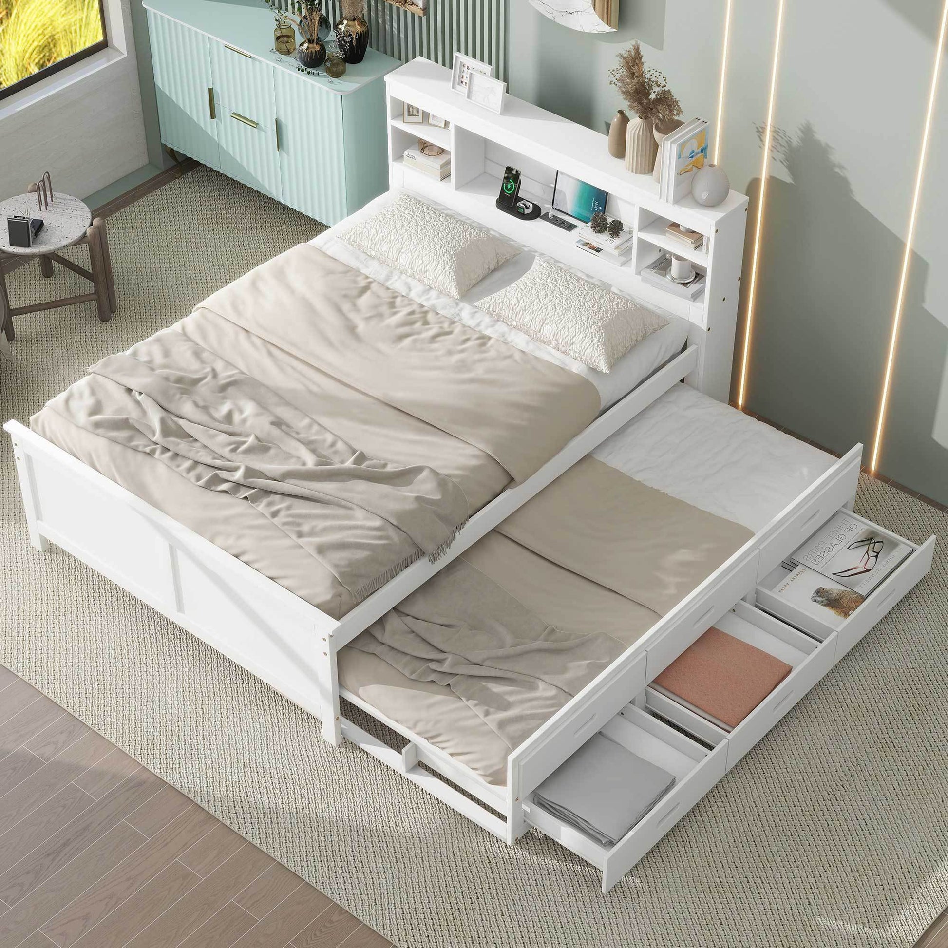 Full Size Platform Bed With Storage Headboard, Usb, Twin Size Trundle And 3 Drawers, White Box Spring Not Required Full White Wood Bedroom Bed Frame Solid Wood Mdf