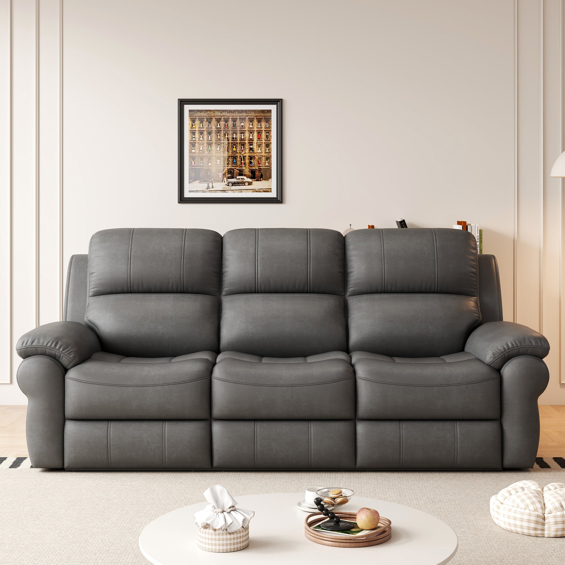 Fabric Power Reclining Sofa With Drop Down Table,Usb Button And Wireless Charger Gray Gray Primary Living Space American Design Foam Faux Leather 3 Seat