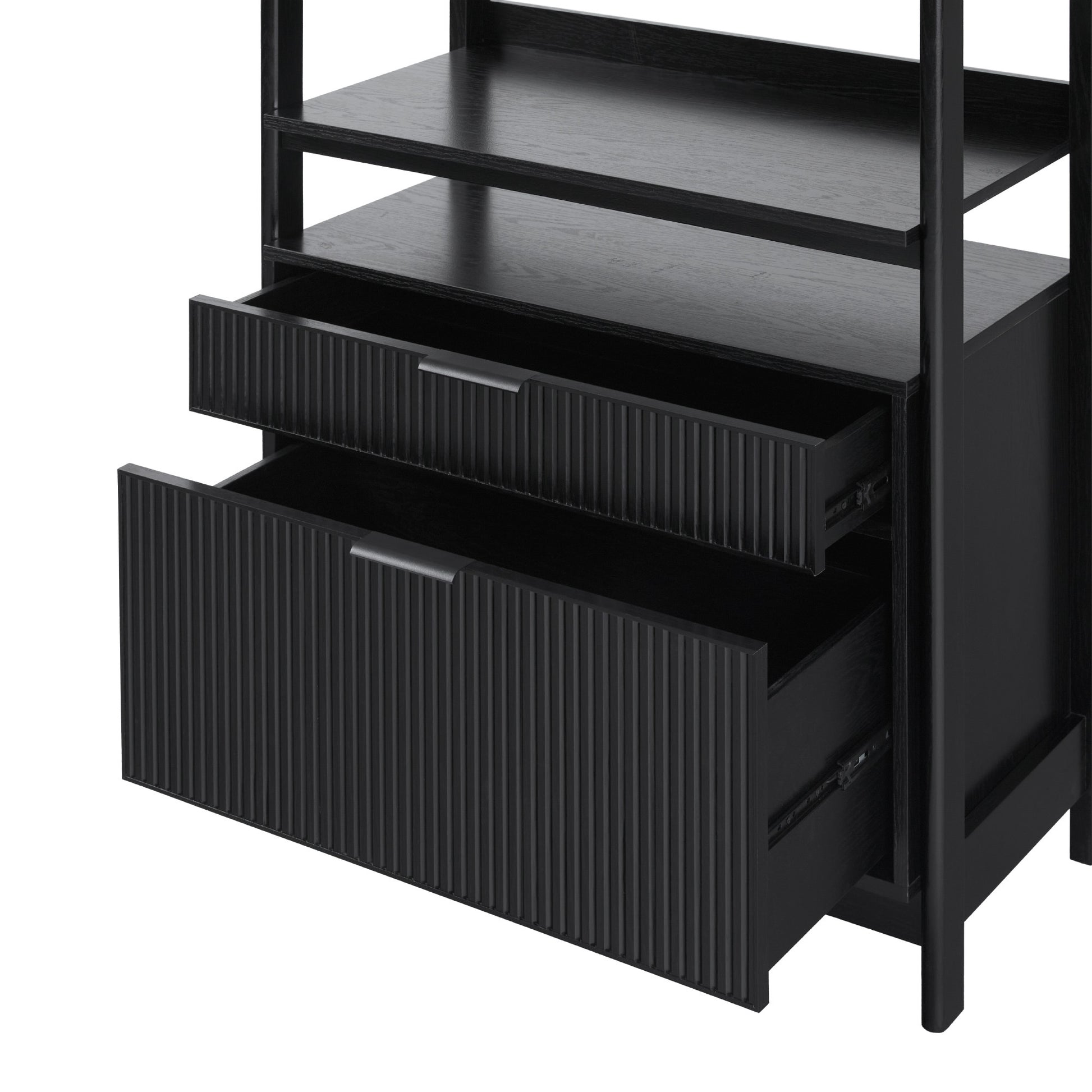 Transitional Wide Reeded Bookshelf With Drawers On Bottom Black Black Mdf Mdf