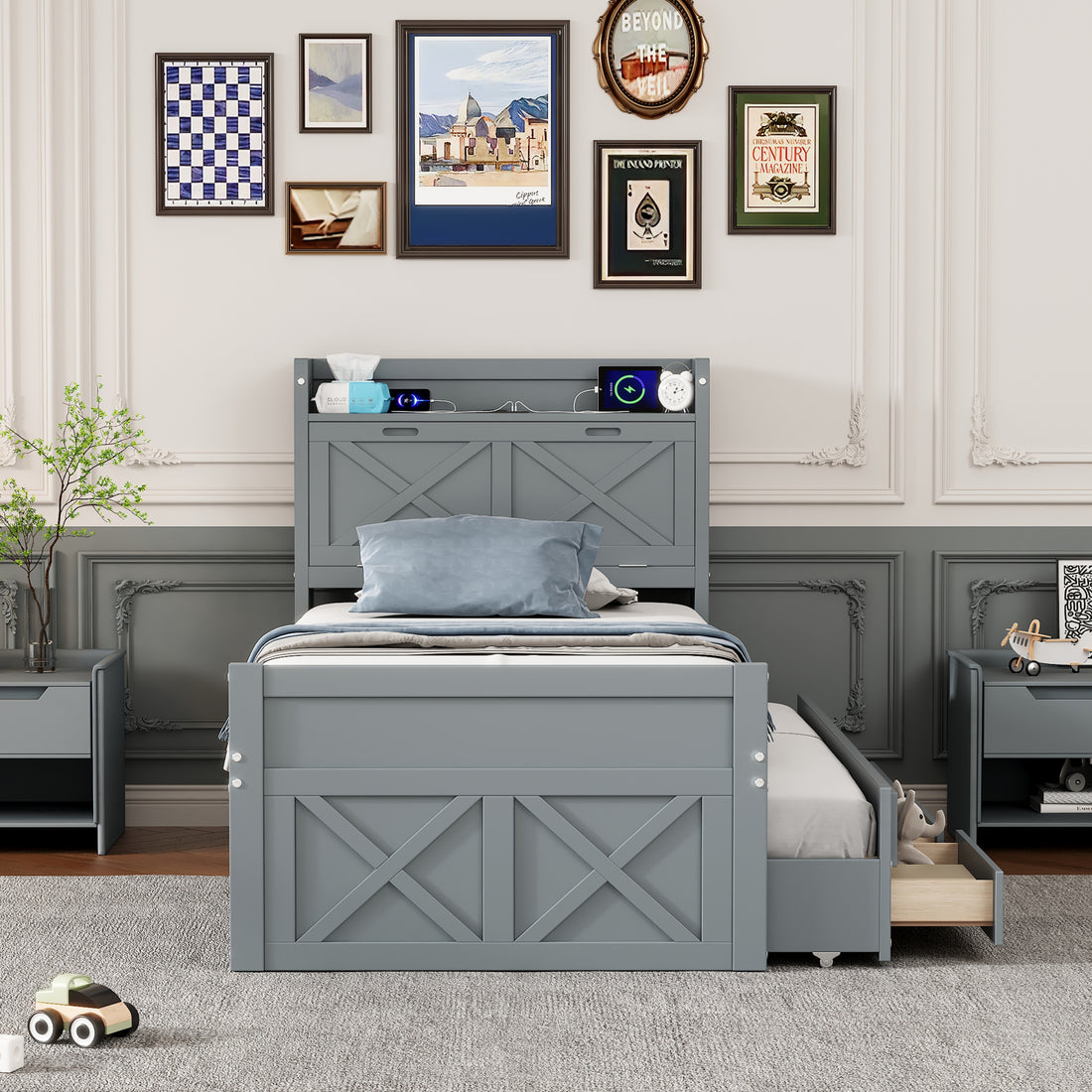 Twin Size Wooden Bed With Storage Headboard With Outlets, Extendable Bed With Twin Size Trundle With Three Storage Drawers,Gray Expected Arrival Time:8.23 Twin Gray Wood