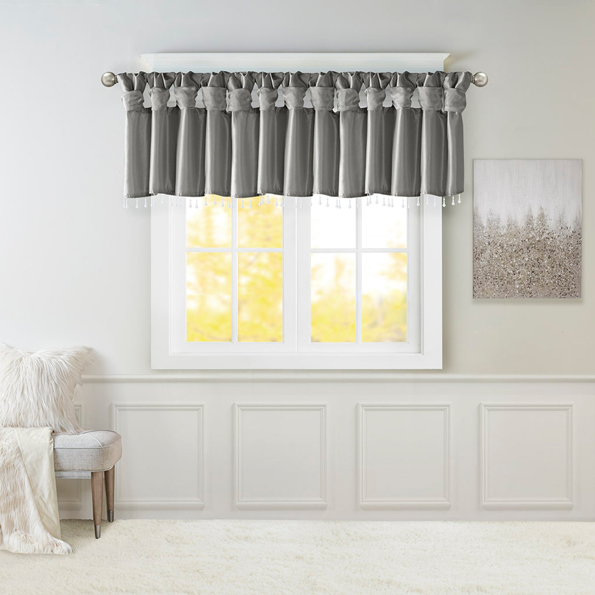 Lightweight Faux Silk Valance With Beads Charcoal 50X26" Charcoal Polyester