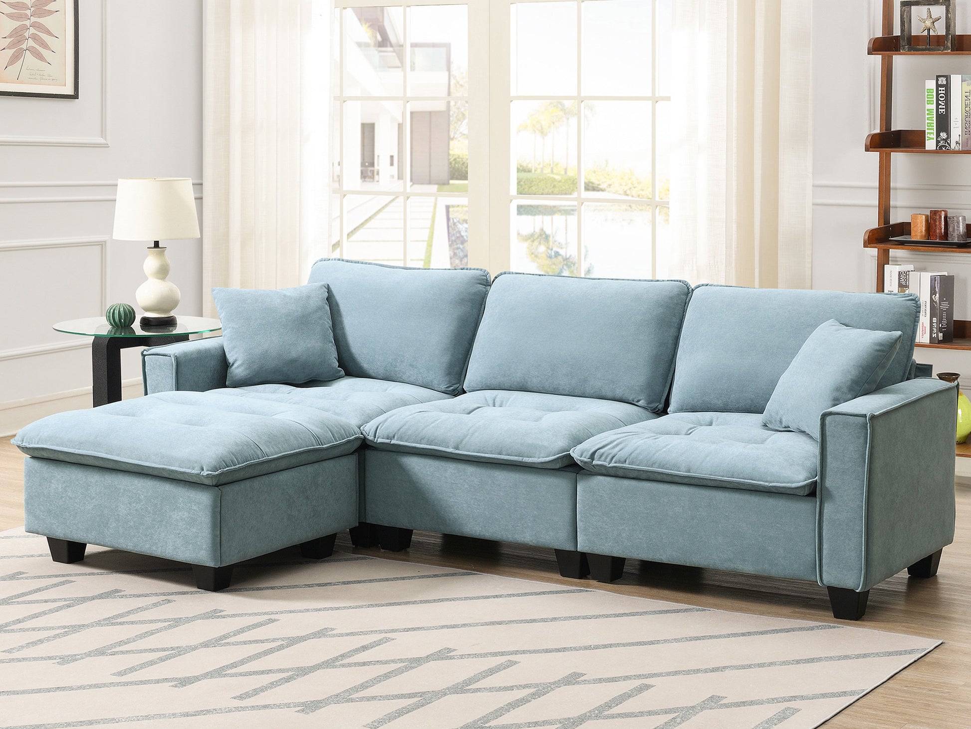 100*59" Modern Convertible Sectional Sofa,L Shaped Reversible Couch Set With Free Pillows,4 Seat Suede Velvet Sleeper Sofa With Ottoman For Living Room,Apartment,Office,3 Colors Light Blue Suede 4 Seat