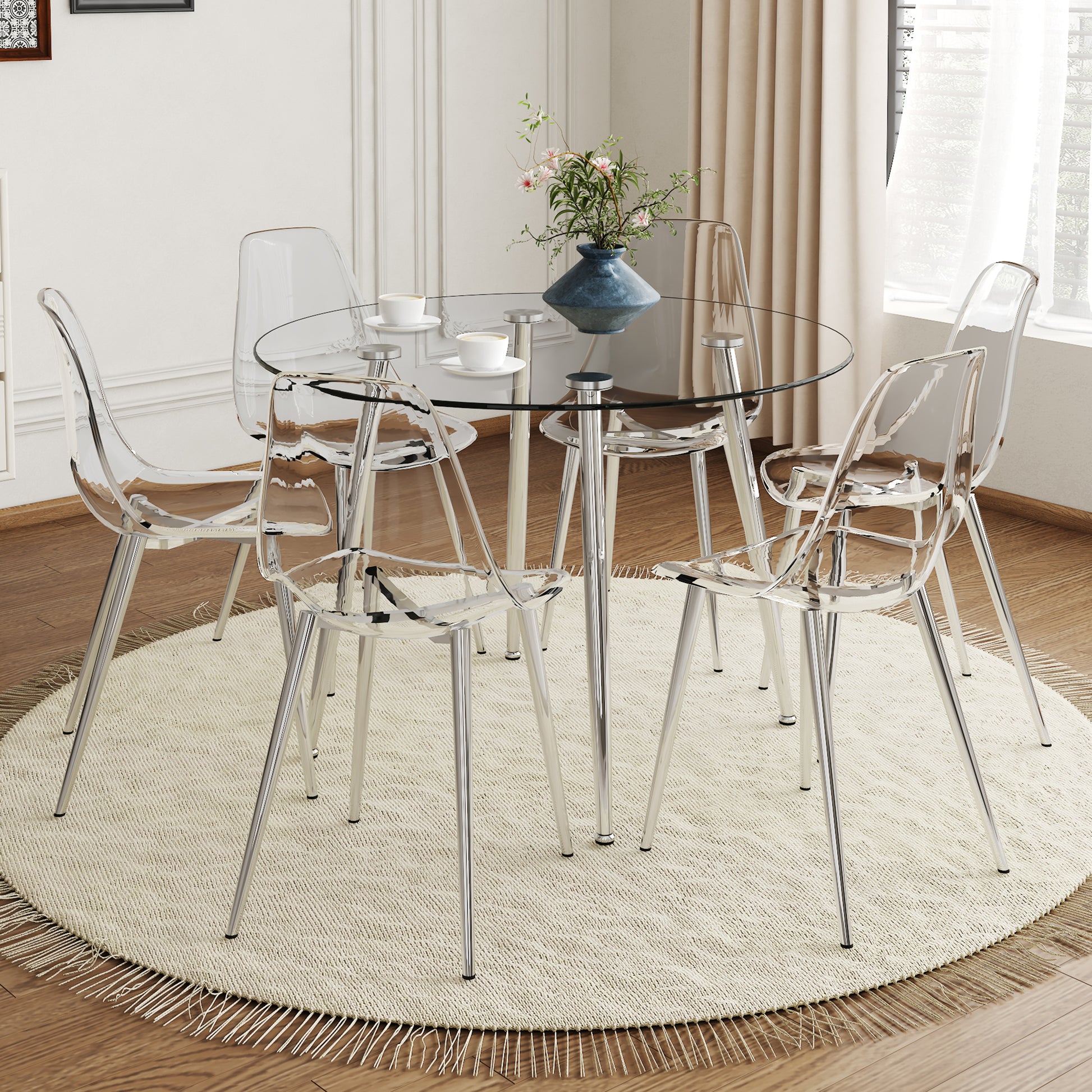 Table And Chair Set.A Modern Minimalist Round Dining Table With Transparent Tempered Glass Top And Silver Metal Legs,Paired With 6 Multiple Transparent High Quality Pp Dining Chairs With Silver Legs. Silver,Transparent Seats 6 Glass Metal