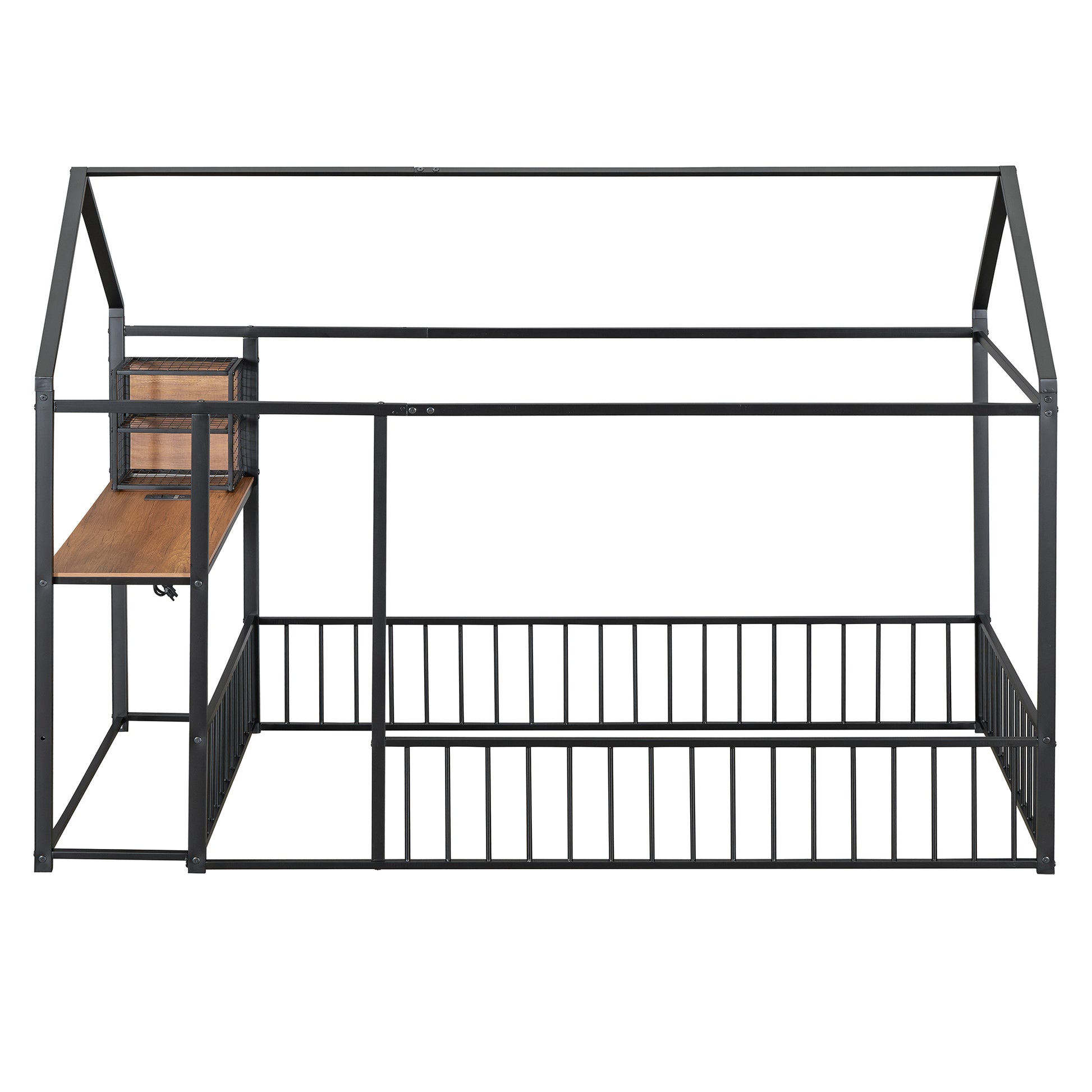 Twin Size Metal Bed House Bed Frame With Desk, Shelves, Power Outlets And Usb Ports, Black Twin Black Metal