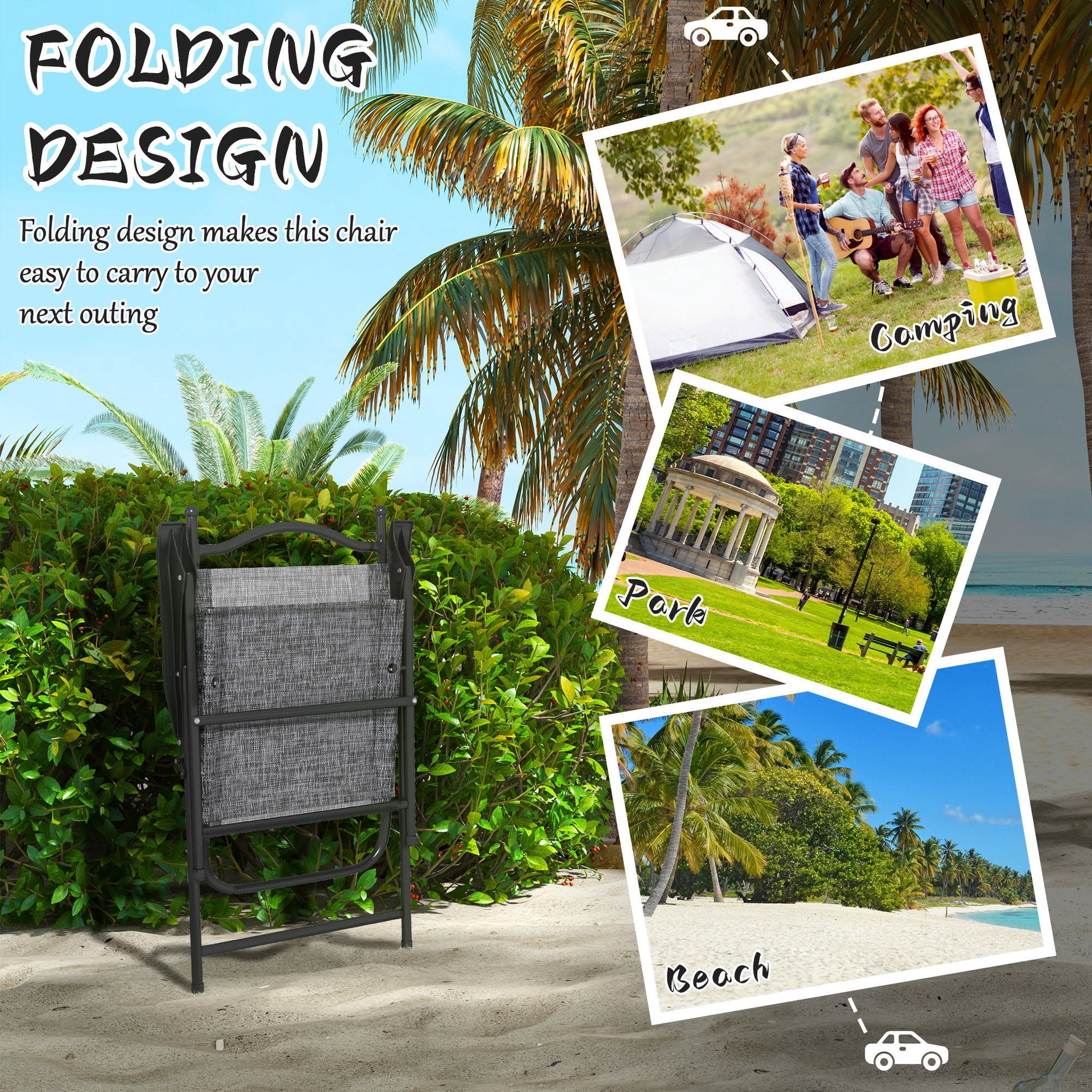 Outsunny Folding Patio Chairs, Set Of 4 Sports Chairs For Adults, Camping Chairs With Armrests,Mesh Fabric Seat For Lawn, Gray Gray Metal