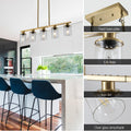 Modern Industrial 5 Light Chandelier With Clear Glass Shades, Golden Metal Frame Hanging Ceiling Light Fixture For Dining Room, Kitchen Island, Living Room No Bulbs Golden Glass,Iron