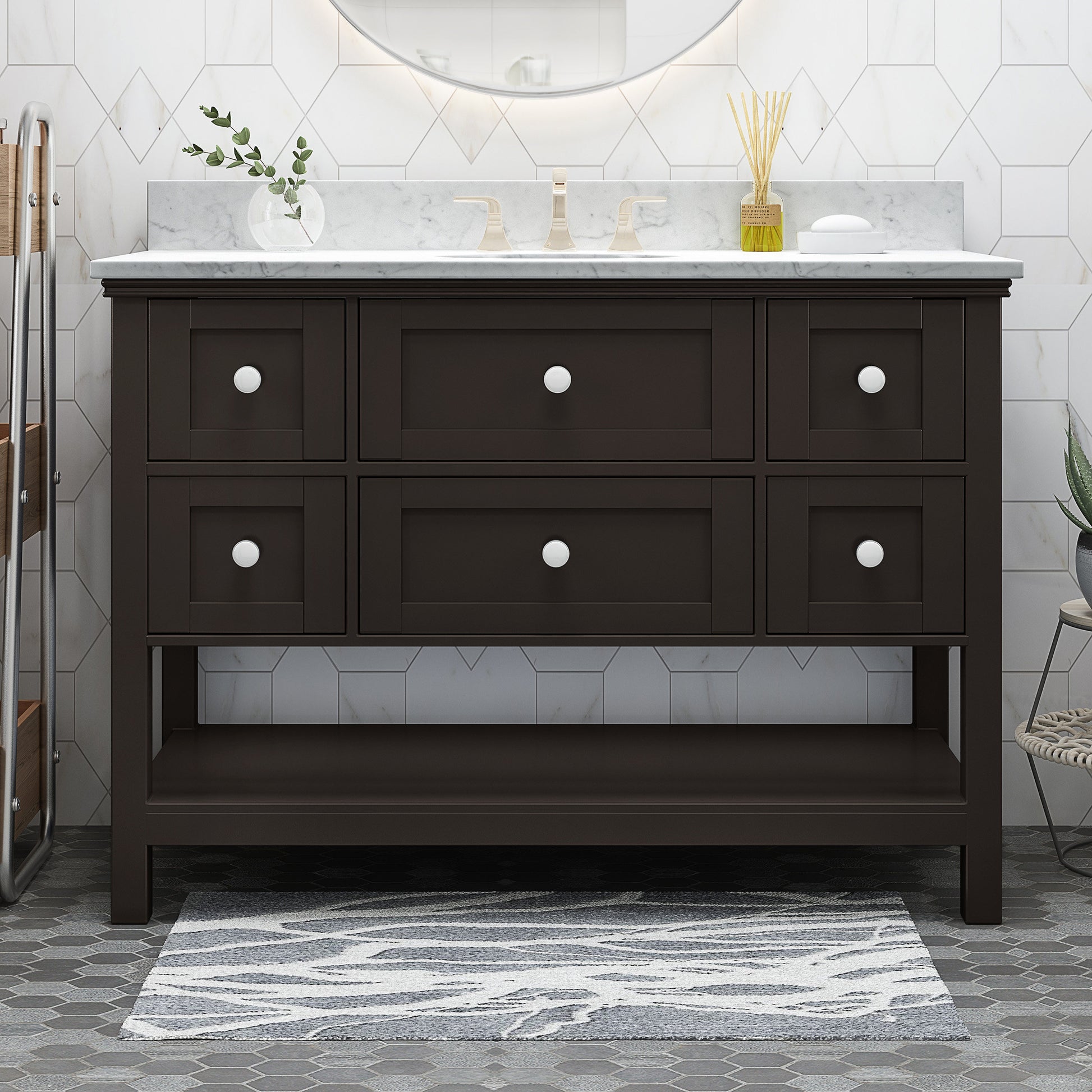 49'' Bathroom Vanity With Marble Top & Ceramic Sink, Open Shelf, 5 Drawers, Brown Brown Plywood