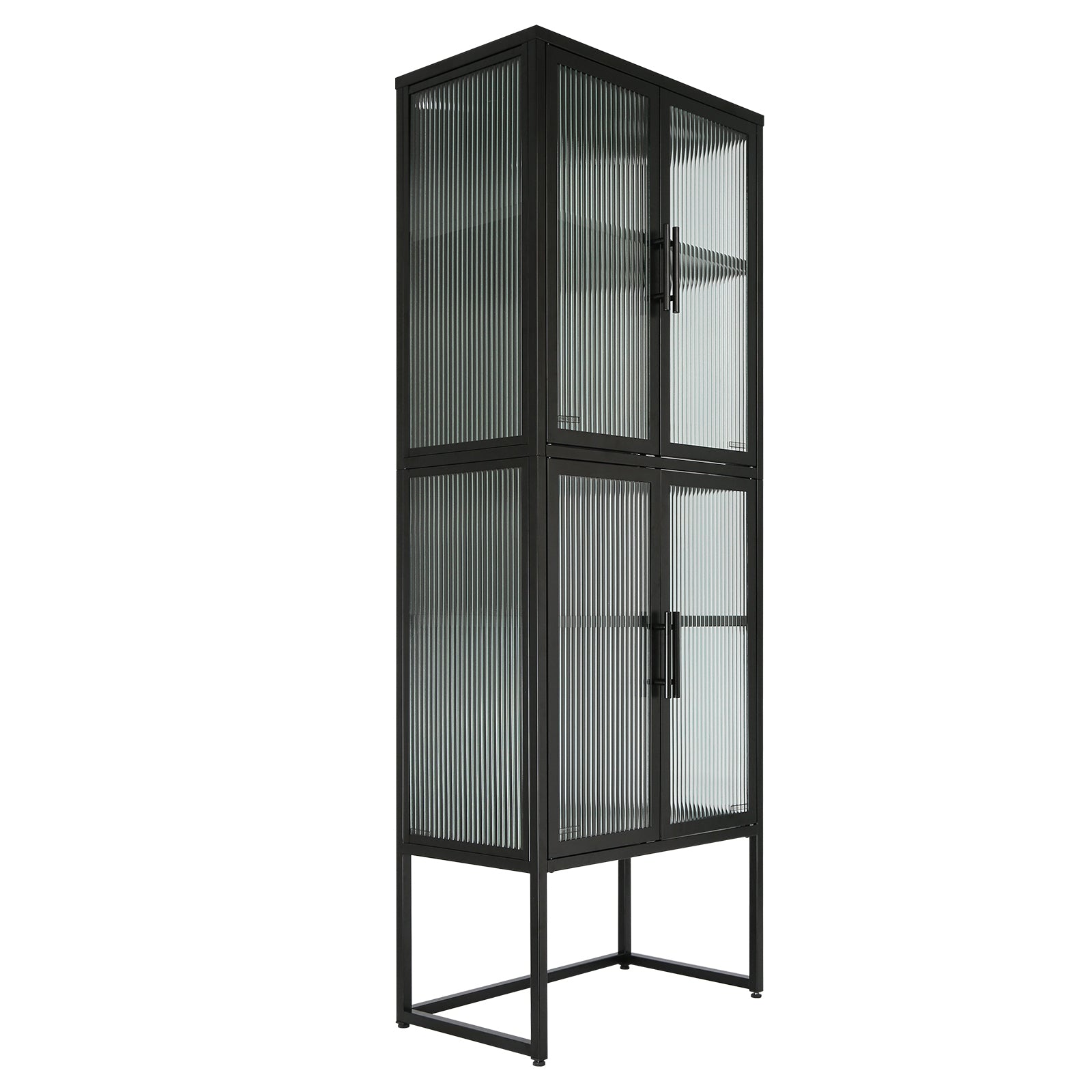 Stylish 4 Door Tempered Glass Cabinet With 4 Glass Doors Adjustable Shelves U Shaped Leg Anti Tip Dust Free Fluted Glass Kitchen Credenza Black Black Tempered Glass Sheet Metal Plastic