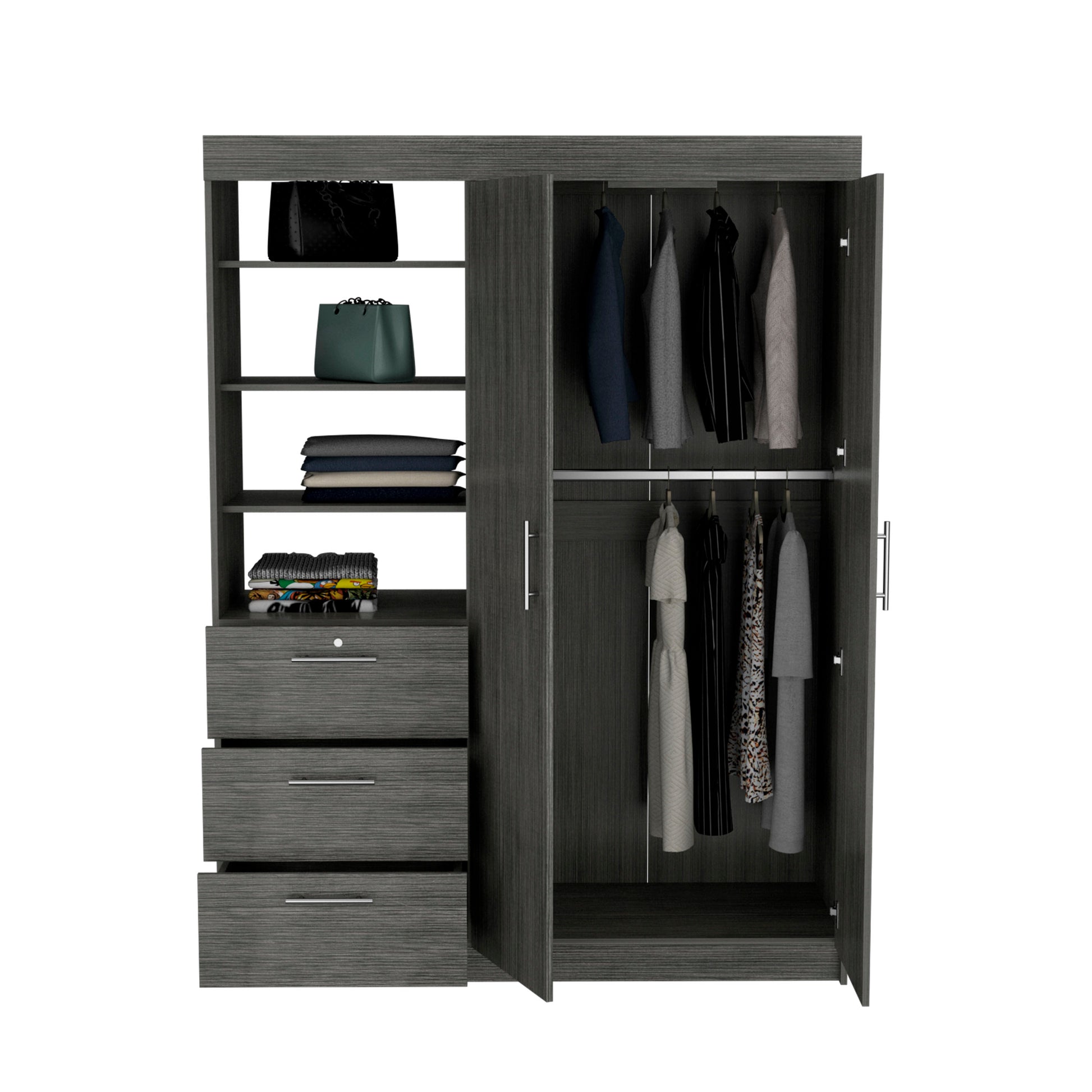 Kenya 3 Drawers Armoire, Double Door, 3 Tier Shelf Smokey Oak Smoke Grey Bedroom Modern Particle Board