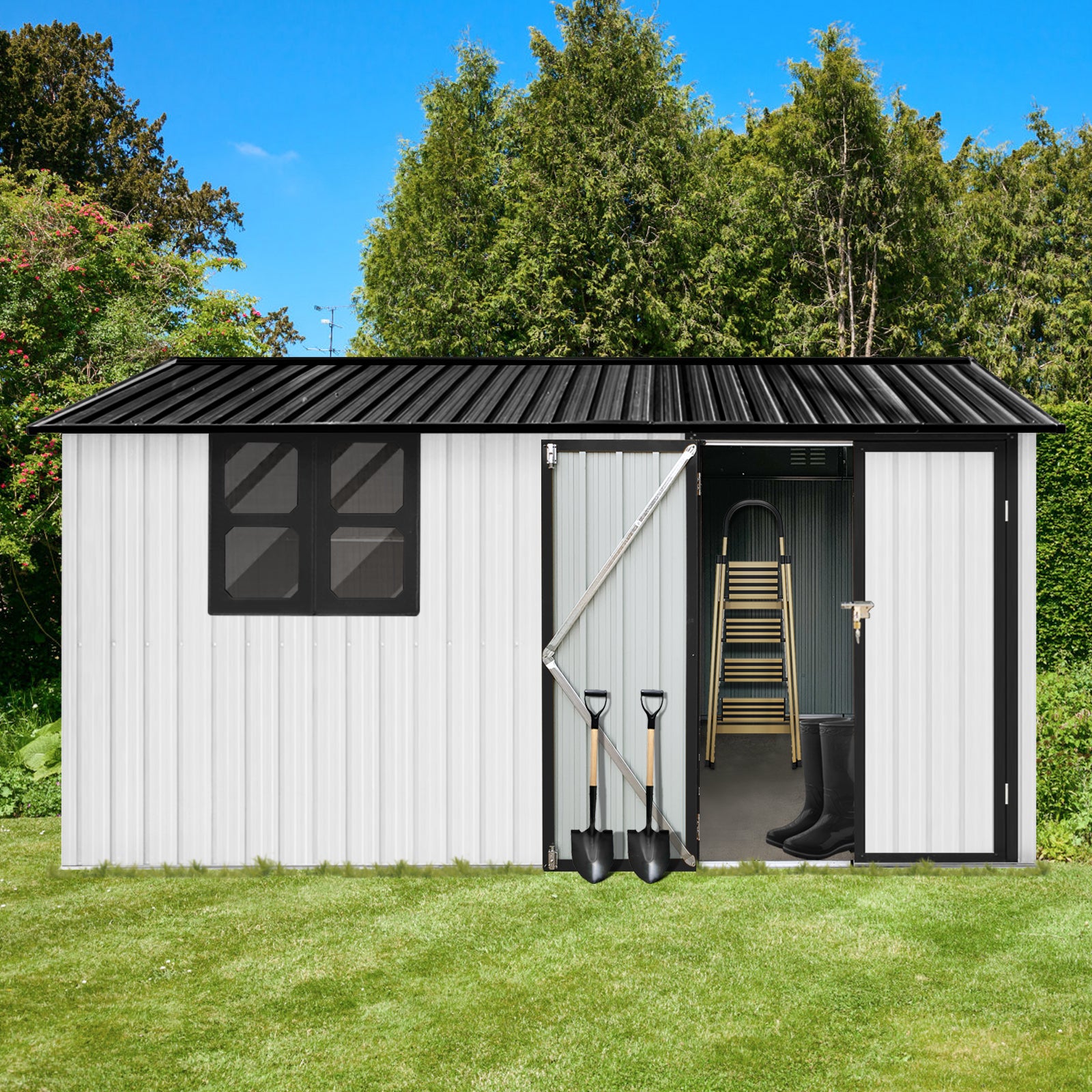 Metal Garden Sheds 10Ftx12Ft Outdoor White Black With Window White Black Metal