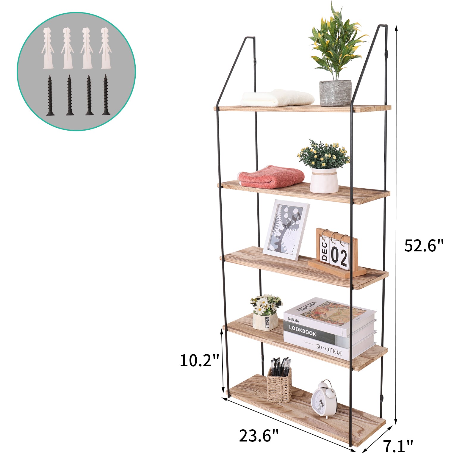 Gardenia Floating Shelf With Metal Brackets, Wall Mounted Rustic Wood Wall Storage, Decorative Hanging Display For Trophy, Photo Frames, Collectibles, And Much More 5 Tier Natural Wood Natural Wood