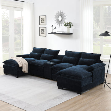 123*55" Modern U Shaped Sofa With Console,Cupholders And Usb Ports,6 Seat Upholstered Symmetrical Indoor Furniture,Sleeper Couch Set With Chaise For Living Room,Apartment,5 Colors Blue Chenille 6 Seat