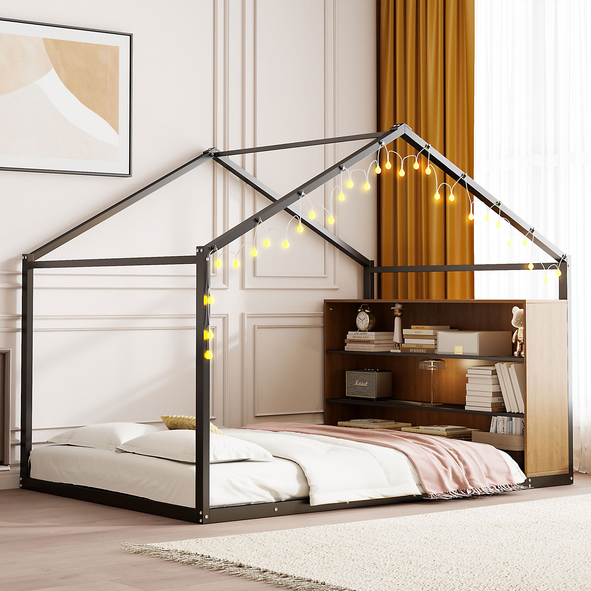 Full Size Metal Bed House Bed Frame With Shelves And Lights, Black Full Black Metal & Wood