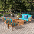 Outdoor Acacia Wood Sofa Set With Water Resistant Cushions, 4 Pcs Set, Brown Patina Teal Brown Teal Acacia Wood