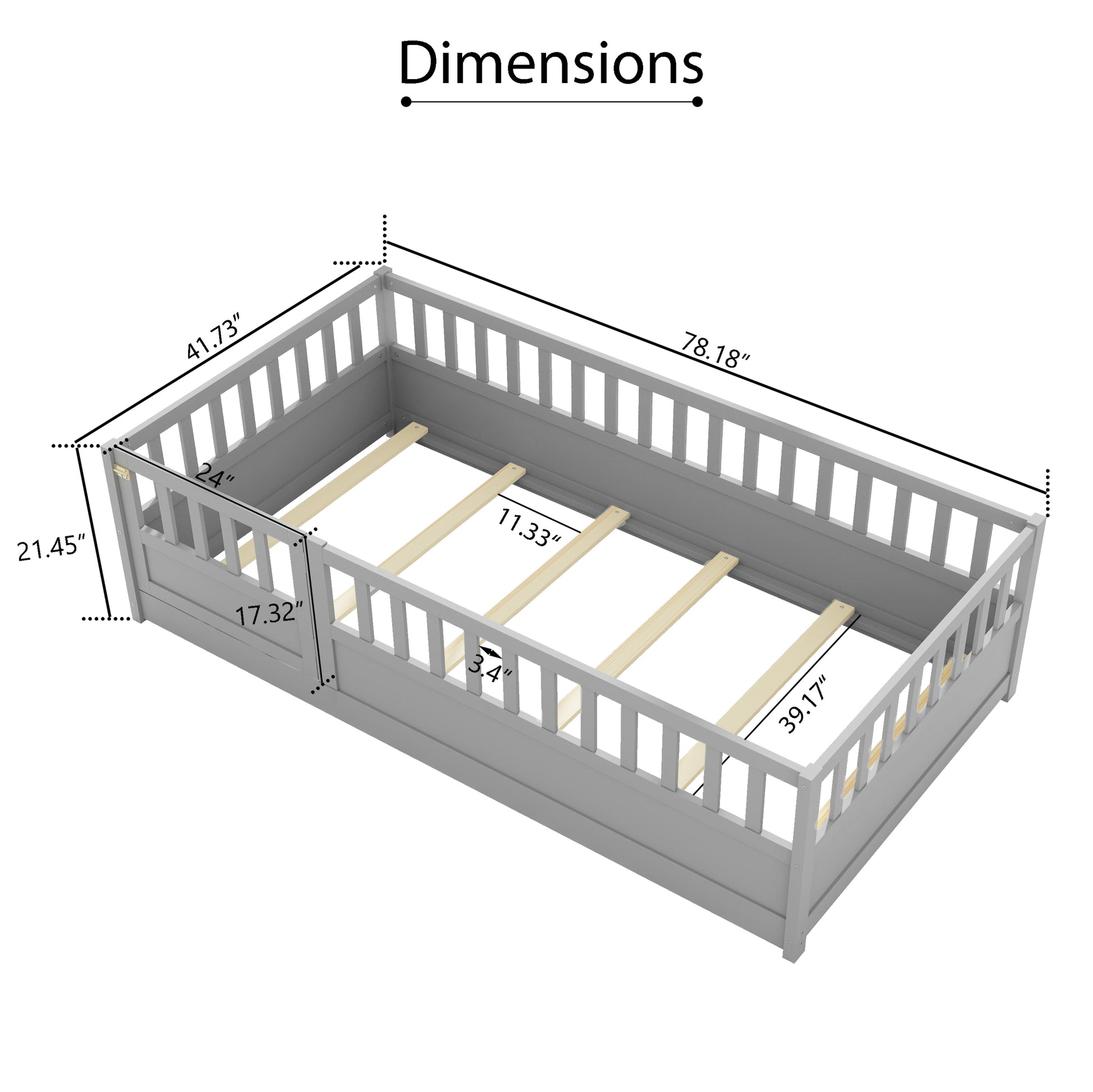 Twin Size Floor Bed, Integral Construction With Super High Security Barrier, Door, Children'S Floor Bed Frame, Montessori Wooden Children'S Floor Bed, Support Slat Grey Box Spring Required Twin Grey Wood Brown Bedroom American Design,Artsy Pine Bed Frame