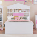 Twin Size House Shaped Wooden Bed With Storage Shelf On The Headboard, Built In Two Storage Drawers, Pink Pink White Wood