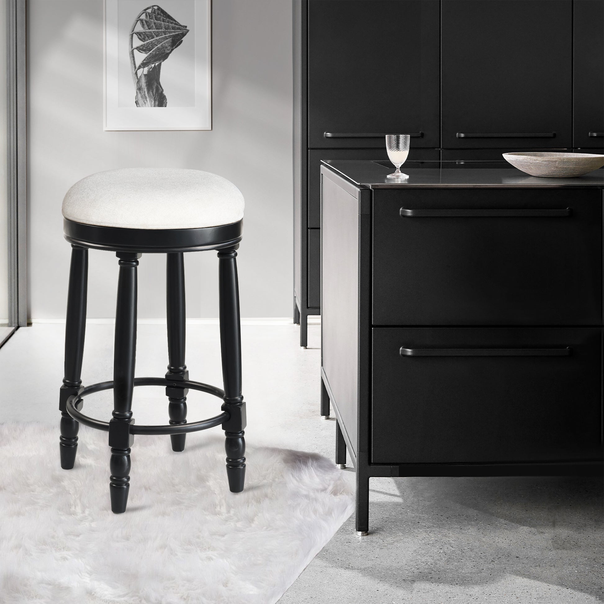 Bar Stools Set Of 2 Black Color, 360 Degree Swivel, Accent Wooden Swivel Seat Counter Height Bar Stool,White Cushion Seat, Barstool Perfect For Dining And Living Room Height 26" Cushion Solid White
