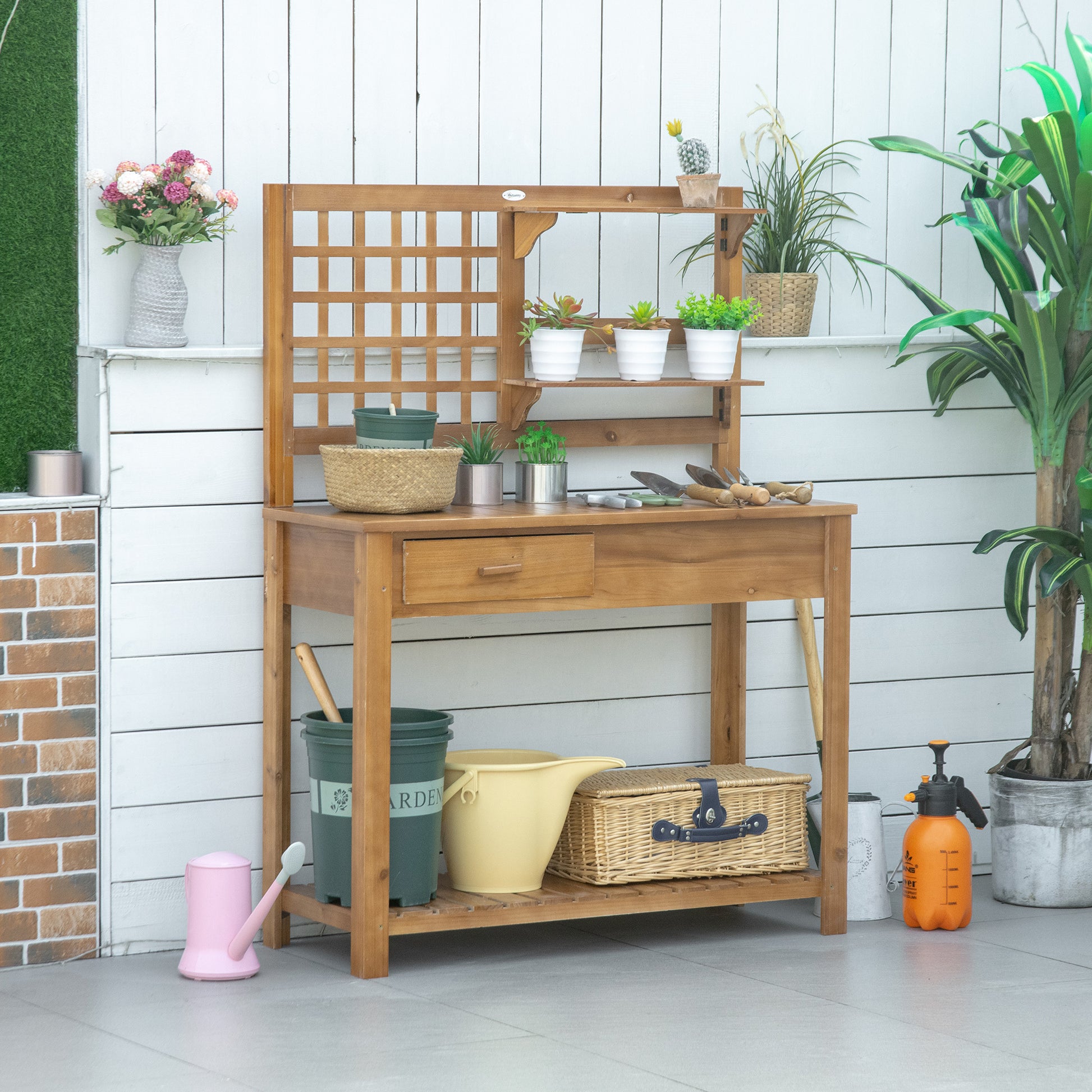 Outsunny Potting Bench Table, Garden Work Bench, Outdoor Wooden Workstation With Tiers Of Shelves And Drawer For Patio, Courtyards, Balcony, Brown Brown Wood