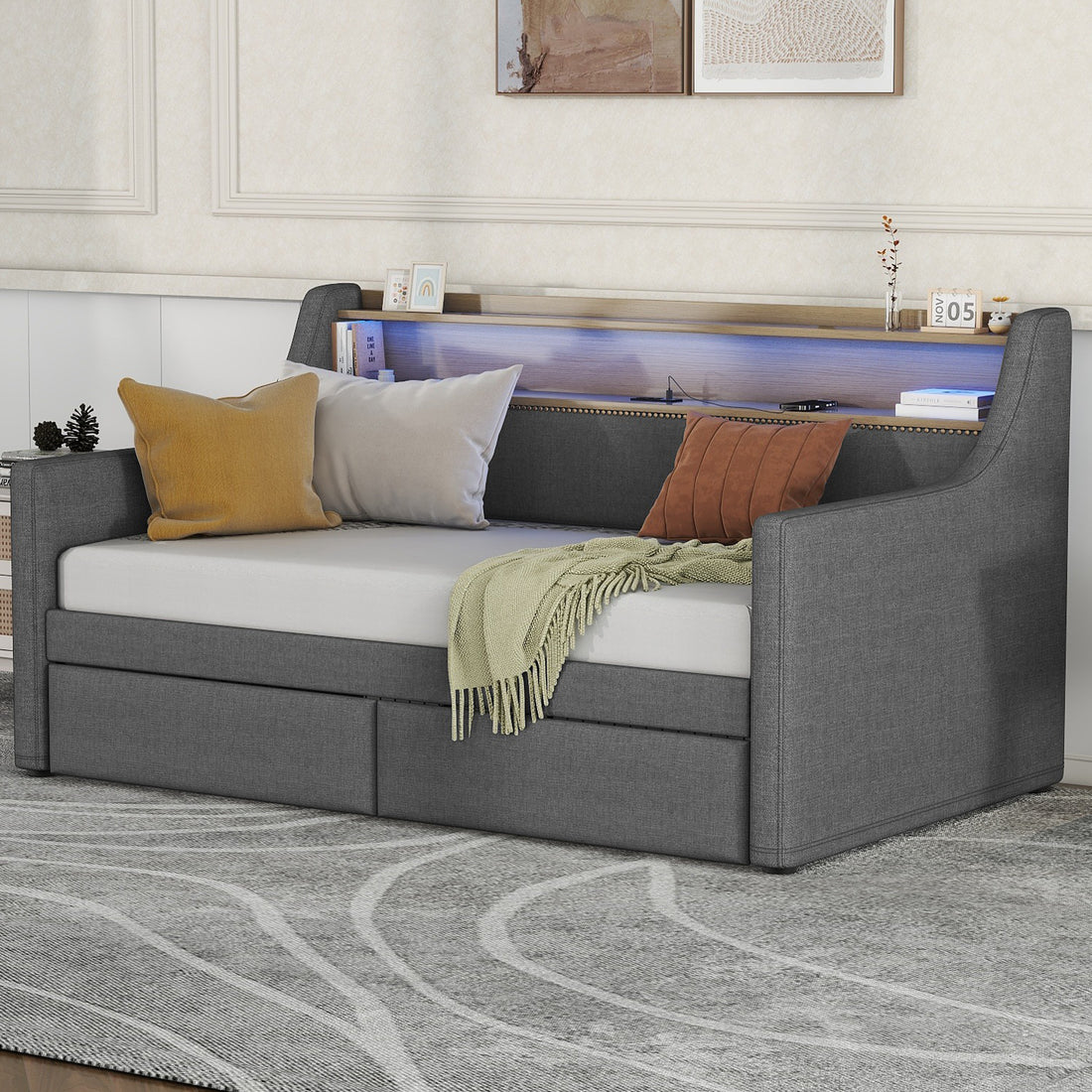 Twin Size Daybed With Storage Drawers, Upholstered Daybed With Charging Station And Led Lights, Gray Old Item W1580S00034 Twin Gray Linen
