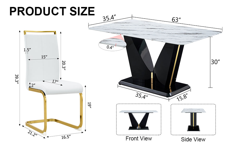 Table And Chair Set, White Imitation Marble Texture Glass Tabletop, Black Mdf Table Legs, Stable And Beautiful. Modern Simple Dining Table, Comfortable Seating. White Black Seats 6 Mdf Glass